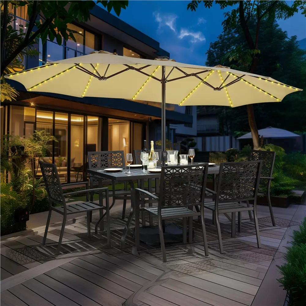 [Multicolor LED Lights] 2026 New 13/15ft Massive Patio Umbrella UV & Weather Resistant with Multi-Mode LED Lights Strips and Base Stand Triple-Vented Outdoor Umbrella