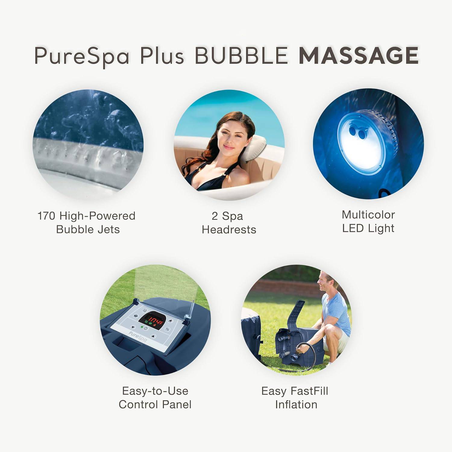 6 Person Round Inflatable Hot Tub, Bubble Massage Spa Set with Energy Efficient Cover, 2 Headrests, & LED Light, 85 in x 28 in