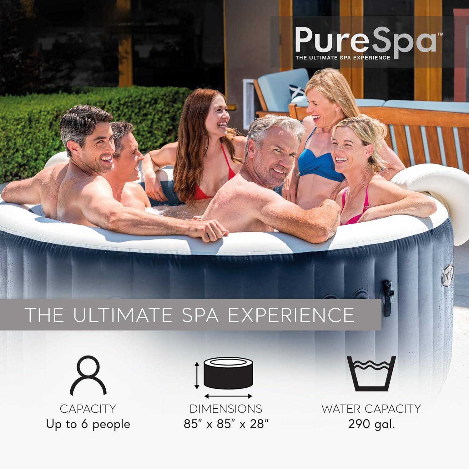 6 Person Round Inflatable Hot Tub, Bubble Massage Spa Set with Energy Efficient Cover, 2 Headrests, & LED Light, 85 in x 28 in