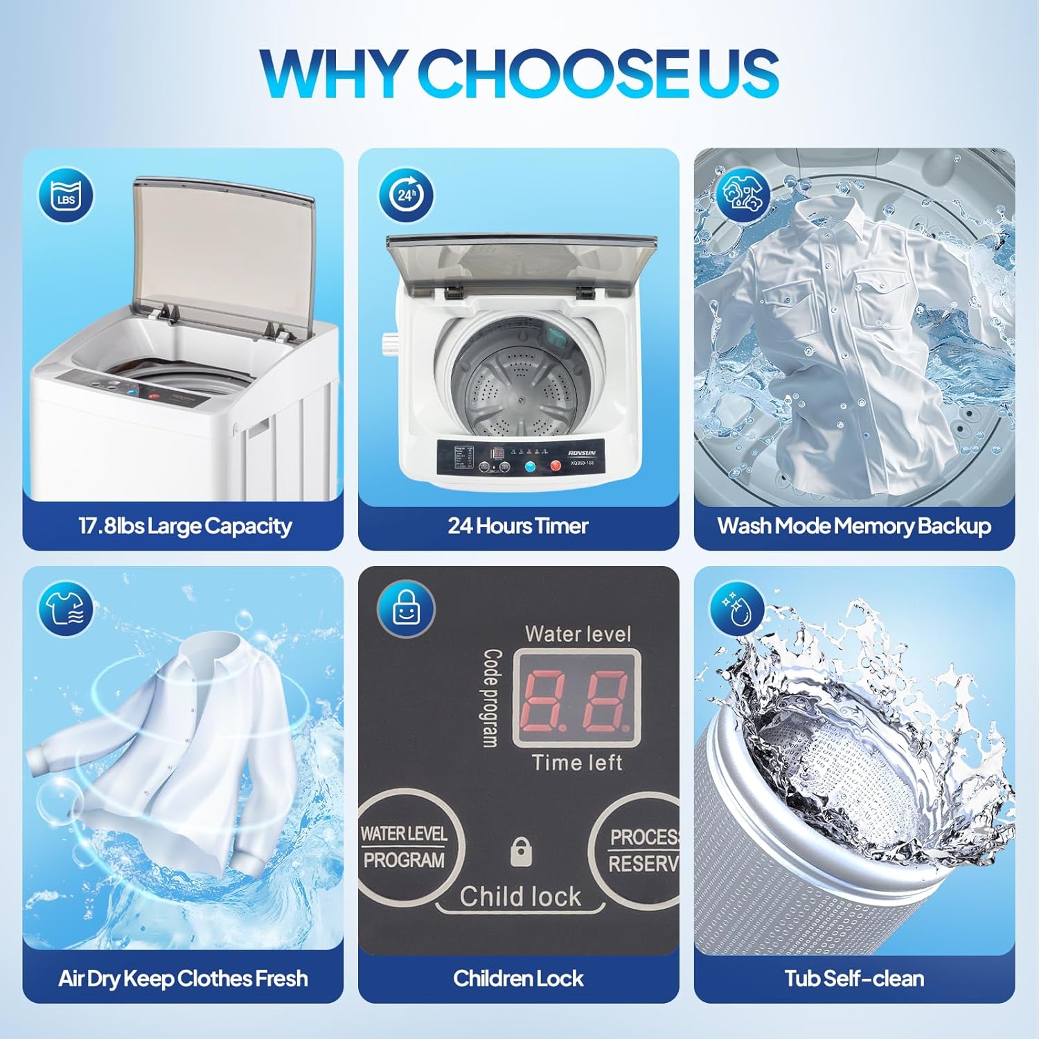 17.8LBS Portable Washing Machine Full-Automatic Electric Laundry Machine with Steel Drum