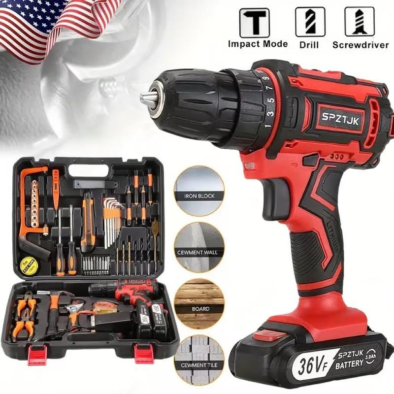 3-in-1 Impact Drill Full Tool Box | 36VF Battery Powered Drill Driver Kit for Home, Garage & Daily Repairs