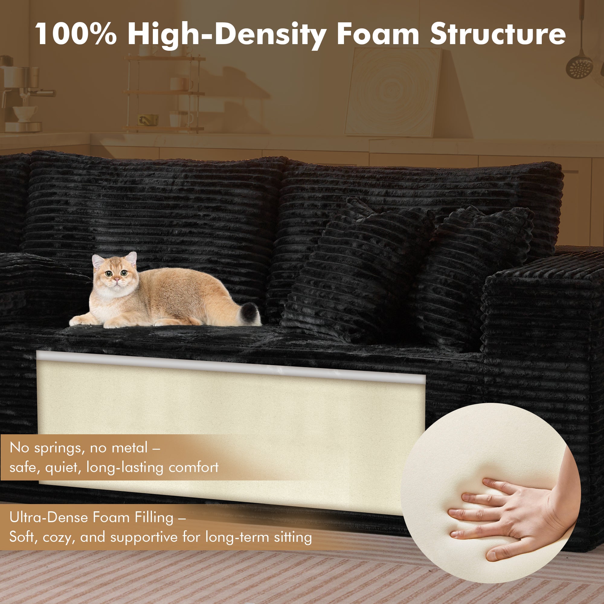 No Assembly Required  104" L-Shape Modular Couch with Chaise, Plush Corduroy Fabric, 