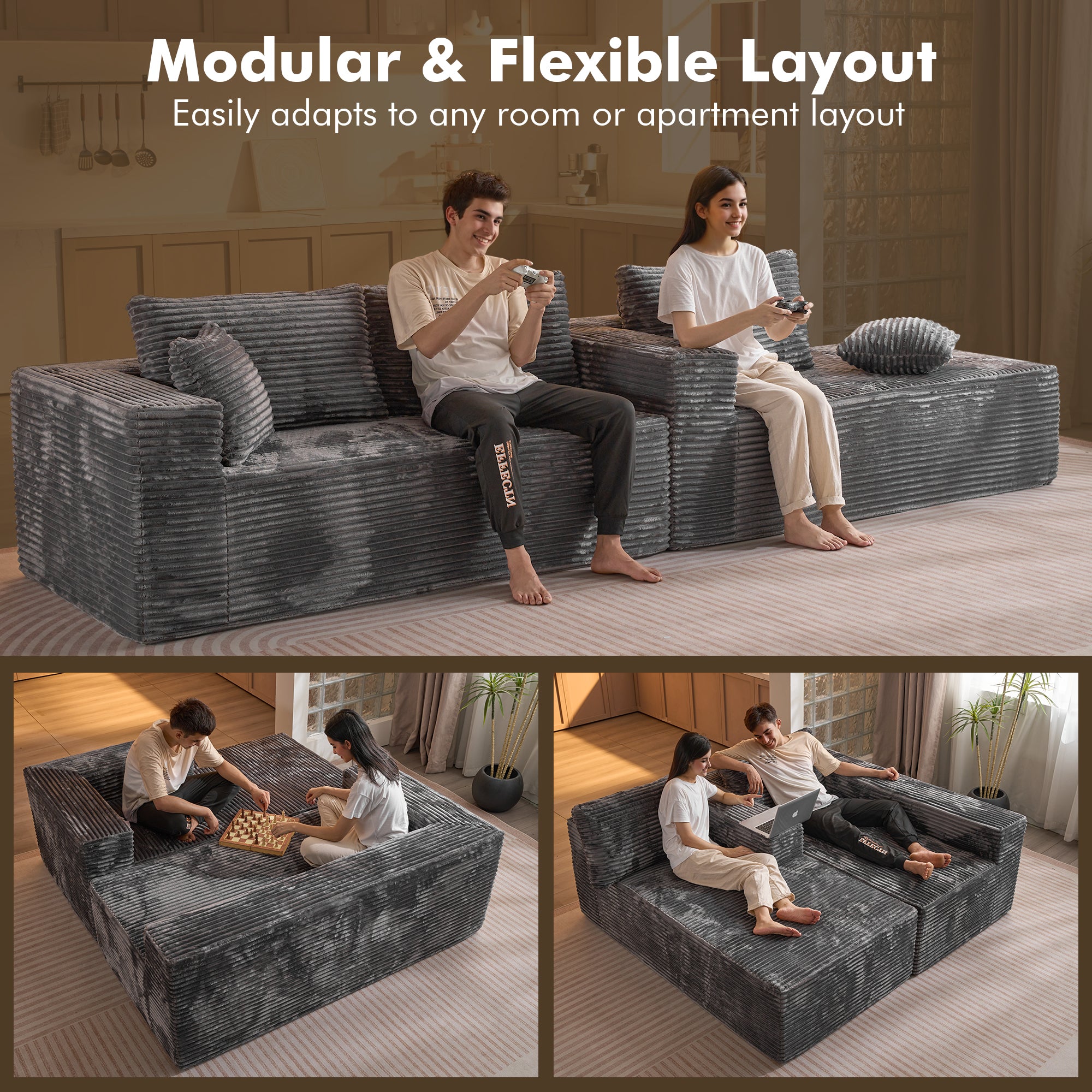 No Assembly Required  104" L-Shape Modular Couch with Chaise, Plush Corduroy Fabric, 