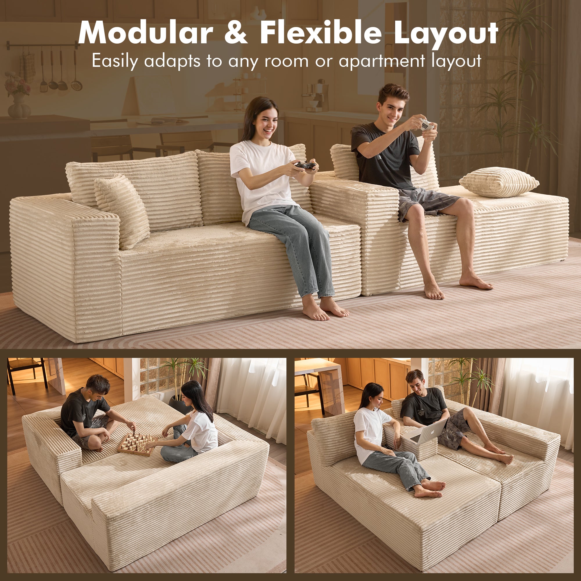 No Assembly Required  104" L-Shape Modular Couch with Chaise, Plush Corduroy Fabric, 