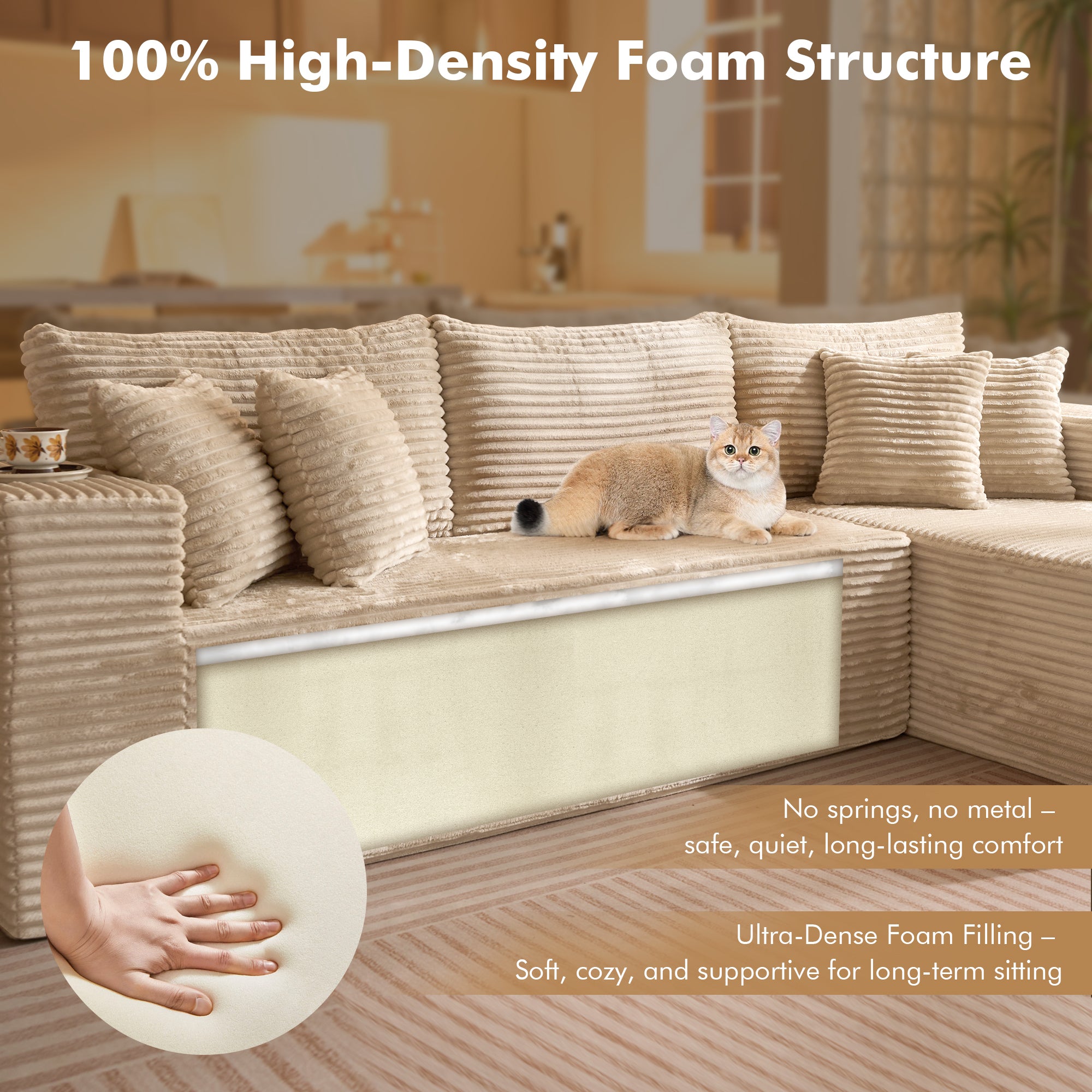 No Assembly Required  104" L-Shape Modular Couch with Chaise, Plush Corduroy Fabric, 