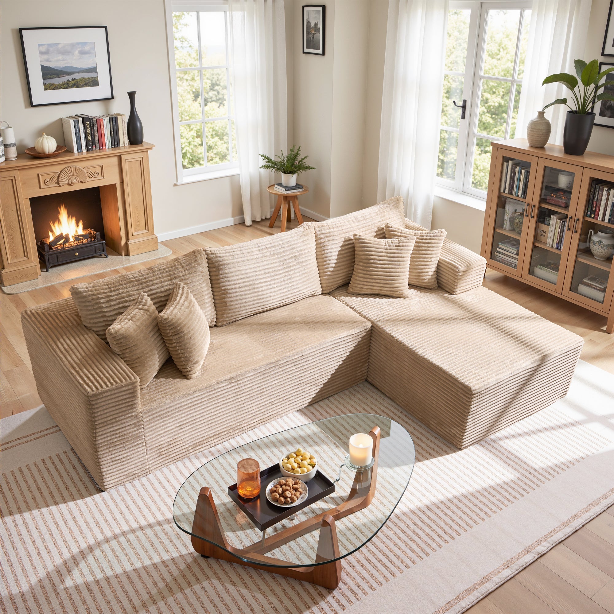 No Assembly Required  104" L-Shape Modular Couch with Chaise, Plush Corduroy Fabric, 