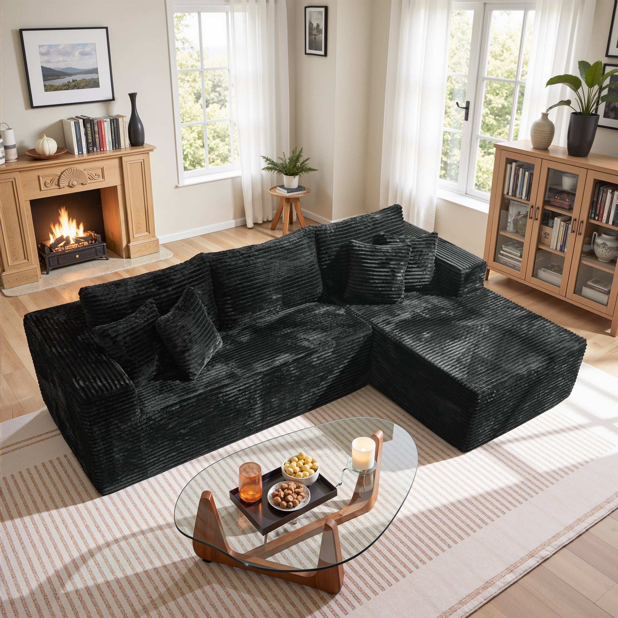 No Assembly Required  104" L-Shape Modular Couch with Chaise, Plush Corduroy Fabric, 