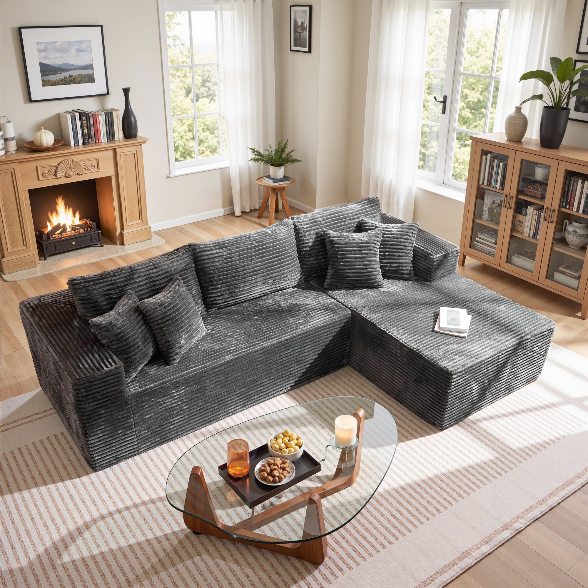 No Assembly Required  104" L-Shape Modular Couch with Chaise, Plush Corduroy Fabric, 