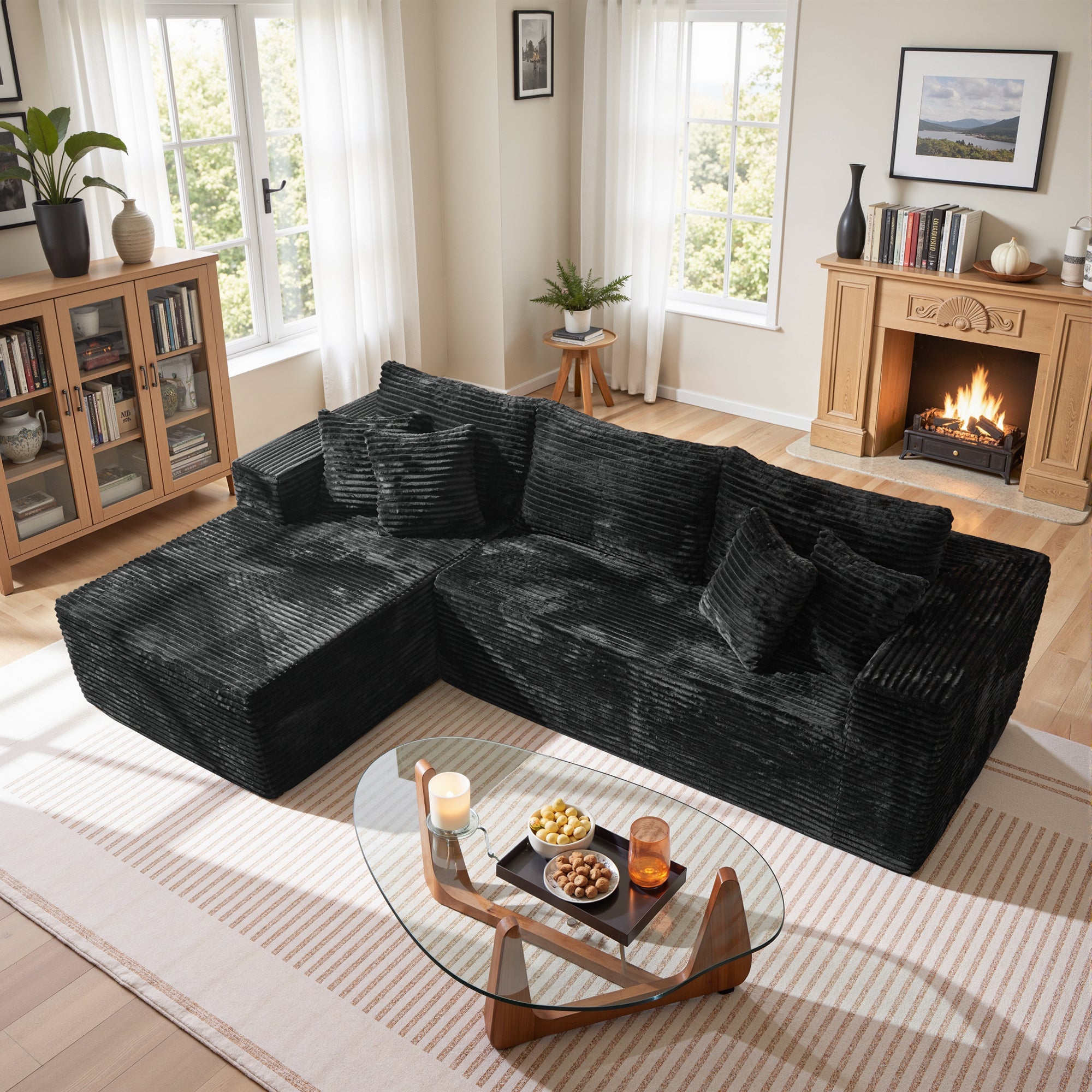 No Assembly Required  104" L-Shape Modular Couch with Chaise, Plush Corduroy Fabric, 