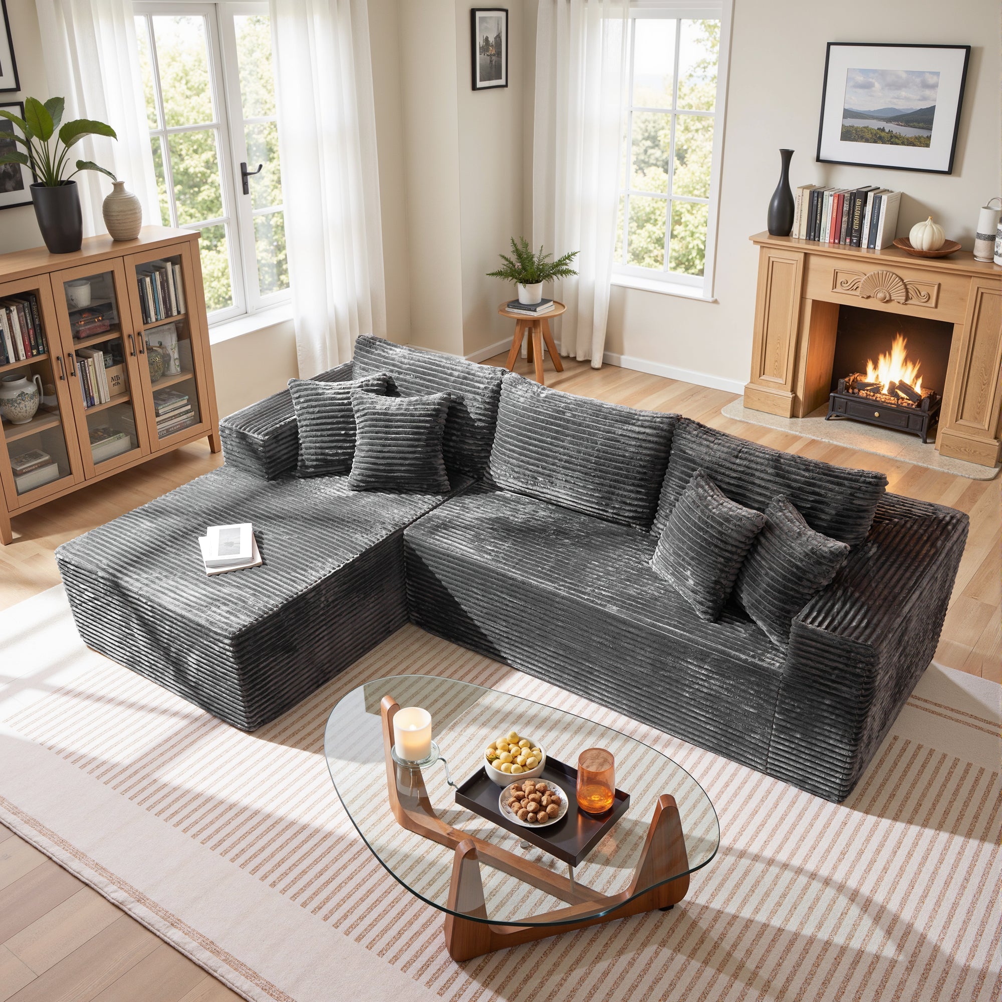 No Assembly Required  104" L-Shape Modular Couch with Chaise, Plush Corduroy Fabric, 