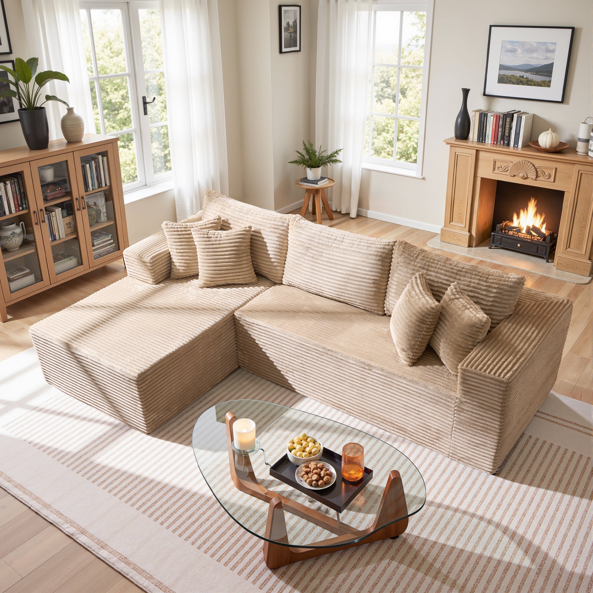 No Assembly Required  104" L-Shape Modular Couch with Chaise, Plush Corduroy Fabric, 