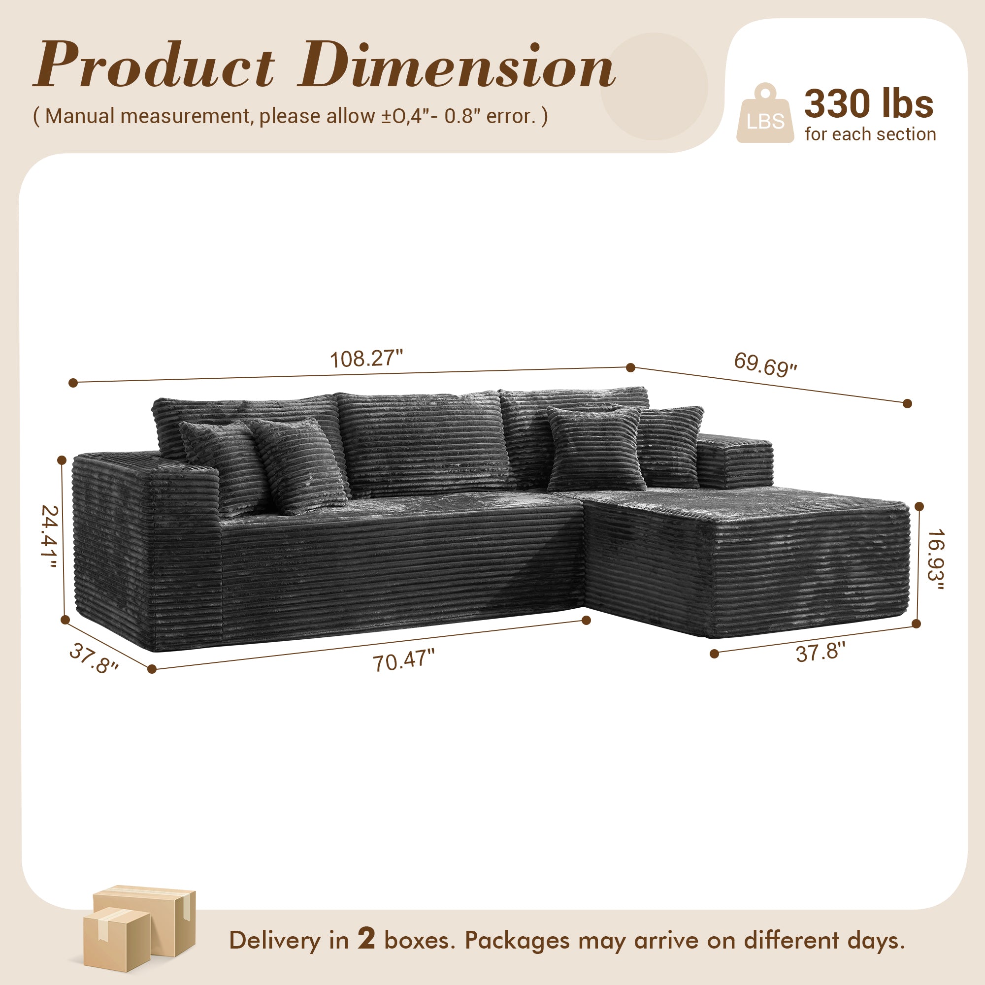 No Assembly Required  104" L-Shape Modular Couch with Chaise, Plush Corduroy Fabric, 
