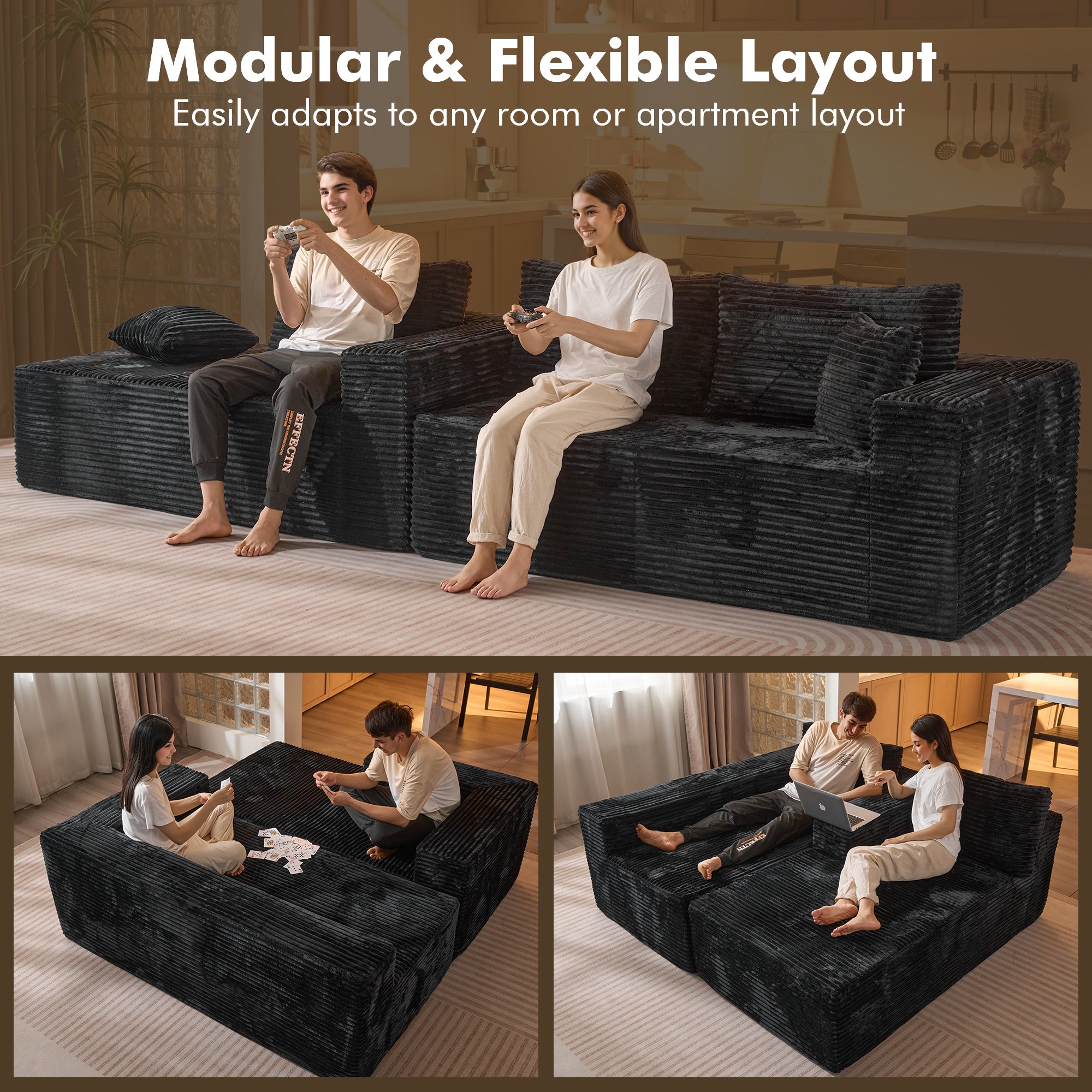 No Assembly Required  104" L-Shape Modular Couch with Chaise, Plush Corduroy Fabric, 