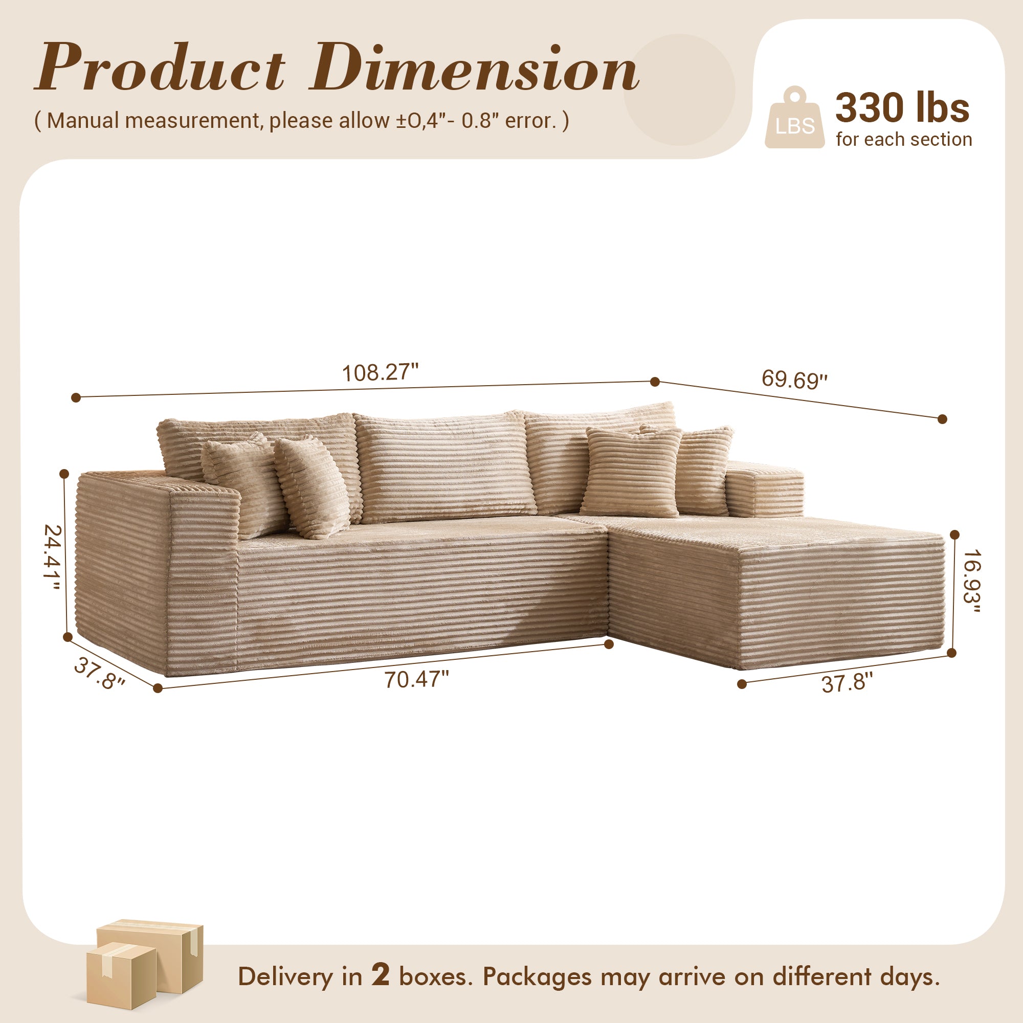 No Assembly Required  104" L-Shape Modular Couch with Chaise, Plush Corduroy Fabric, 