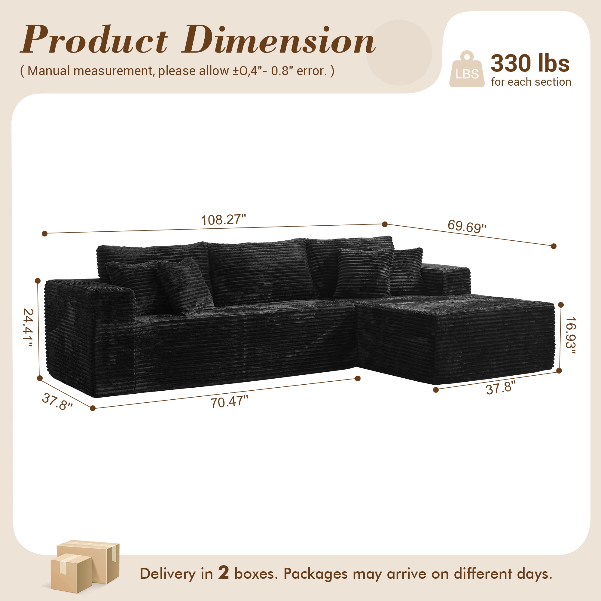 No Assembly Required  104" L-Shape Modular Couch with Chaise, Plush Corduroy Fabric, 