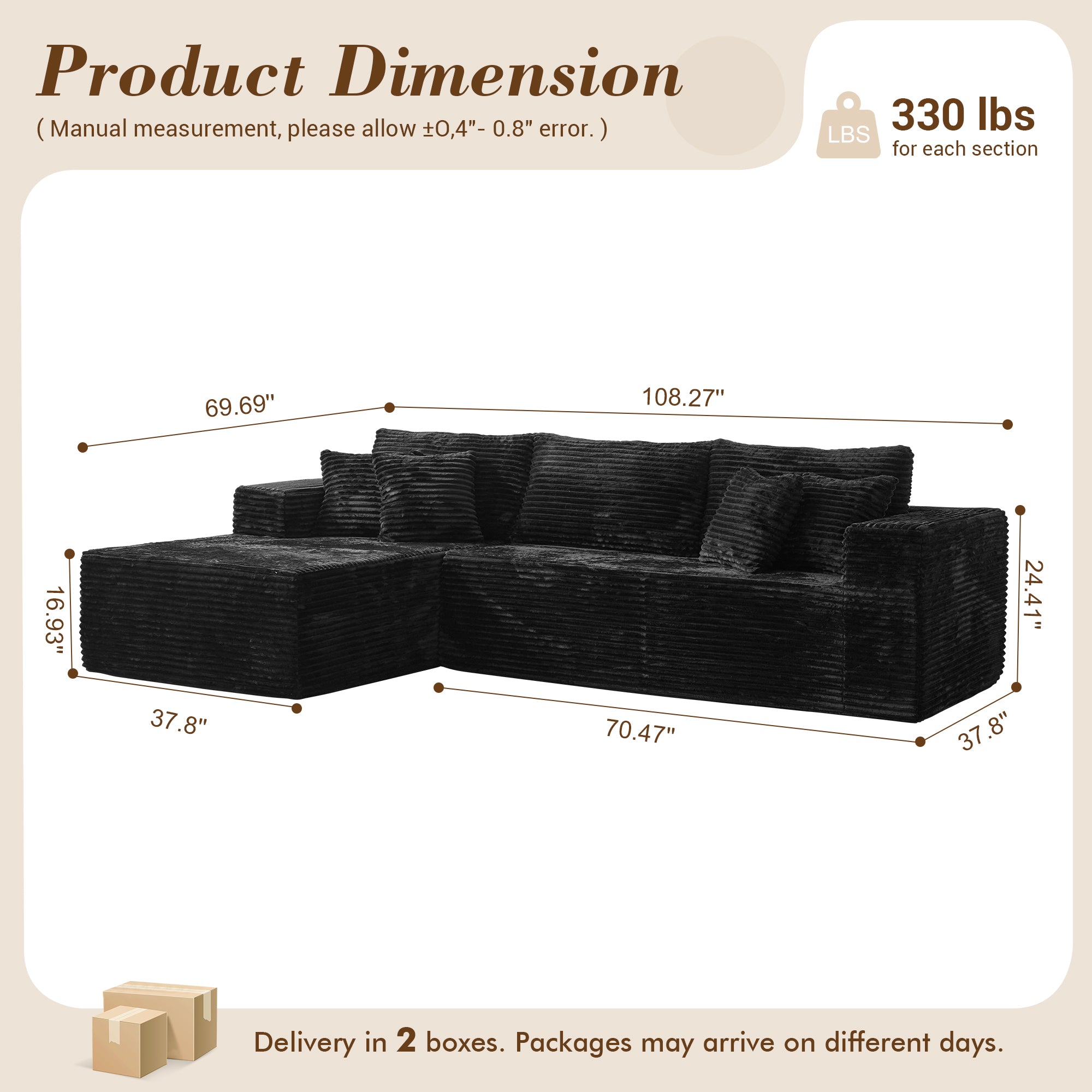 No Assembly Required  104" L-Shape Modular Couch with Chaise, Plush Corduroy Fabric, 