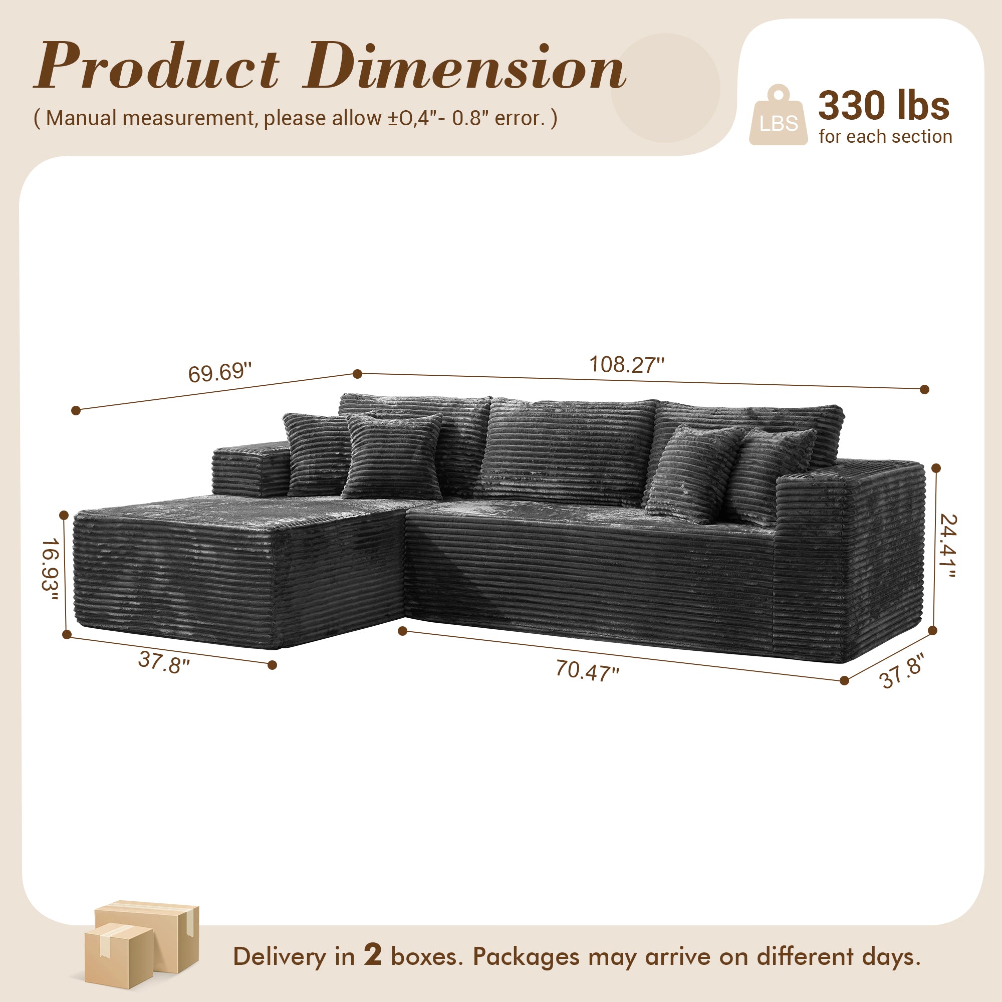 No Assembly Required  104" L-Shape Modular Couch with Chaise, Plush Corduroy Fabric, 