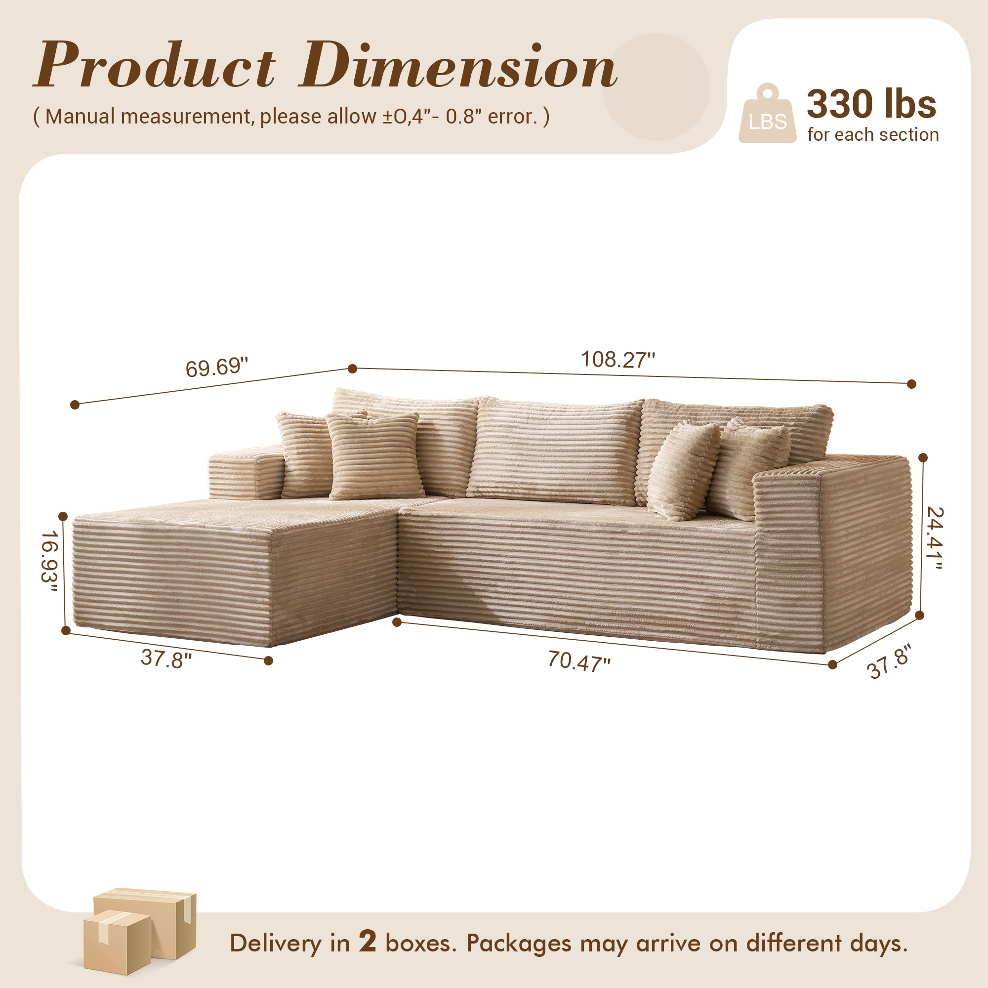 No Assembly Required  104" L-Shape Modular Couch with Chaise, Plush Corduroy Fabric, 