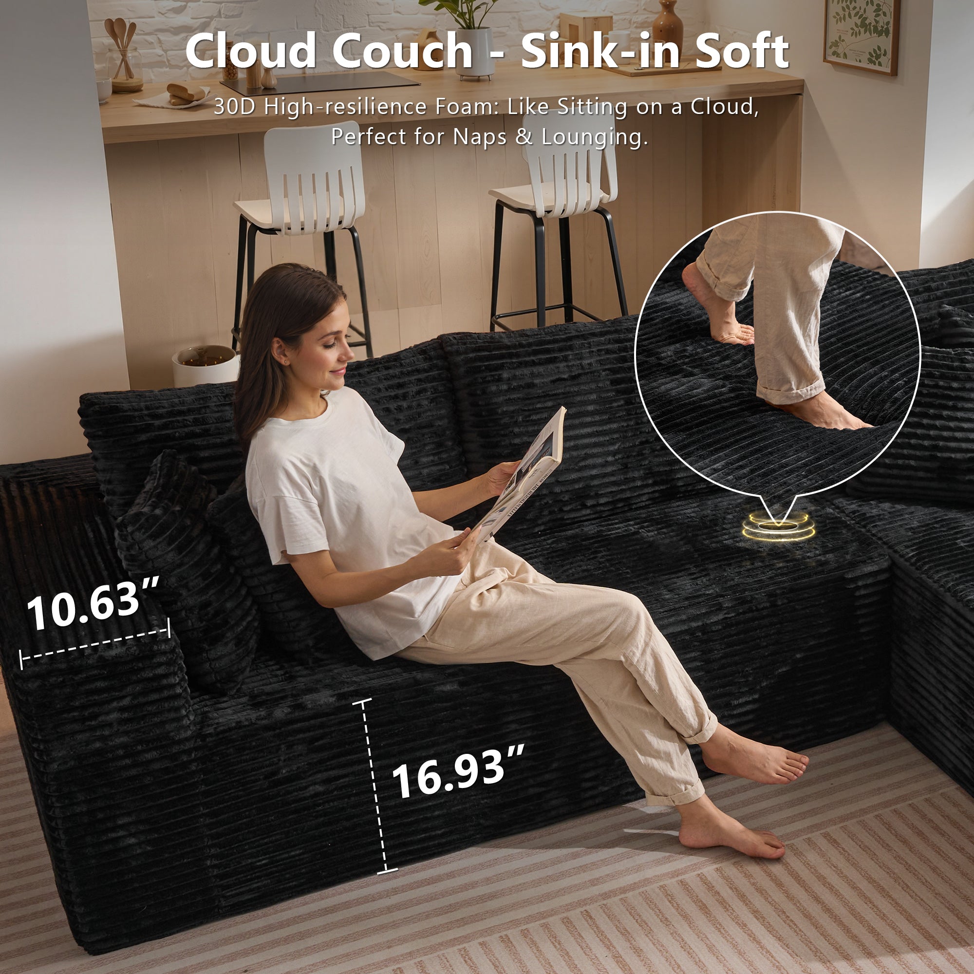 No Assembly Required  104" L-Shape Modular Couch with Chaise, Plush Corduroy Fabric, 