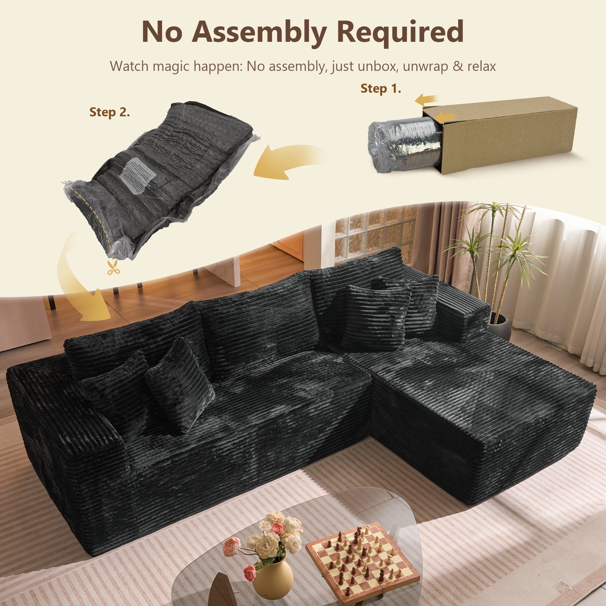 No Assembly Required  104" L-Shape Modular Couch with Chaise, Plush Corduroy Fabric, 