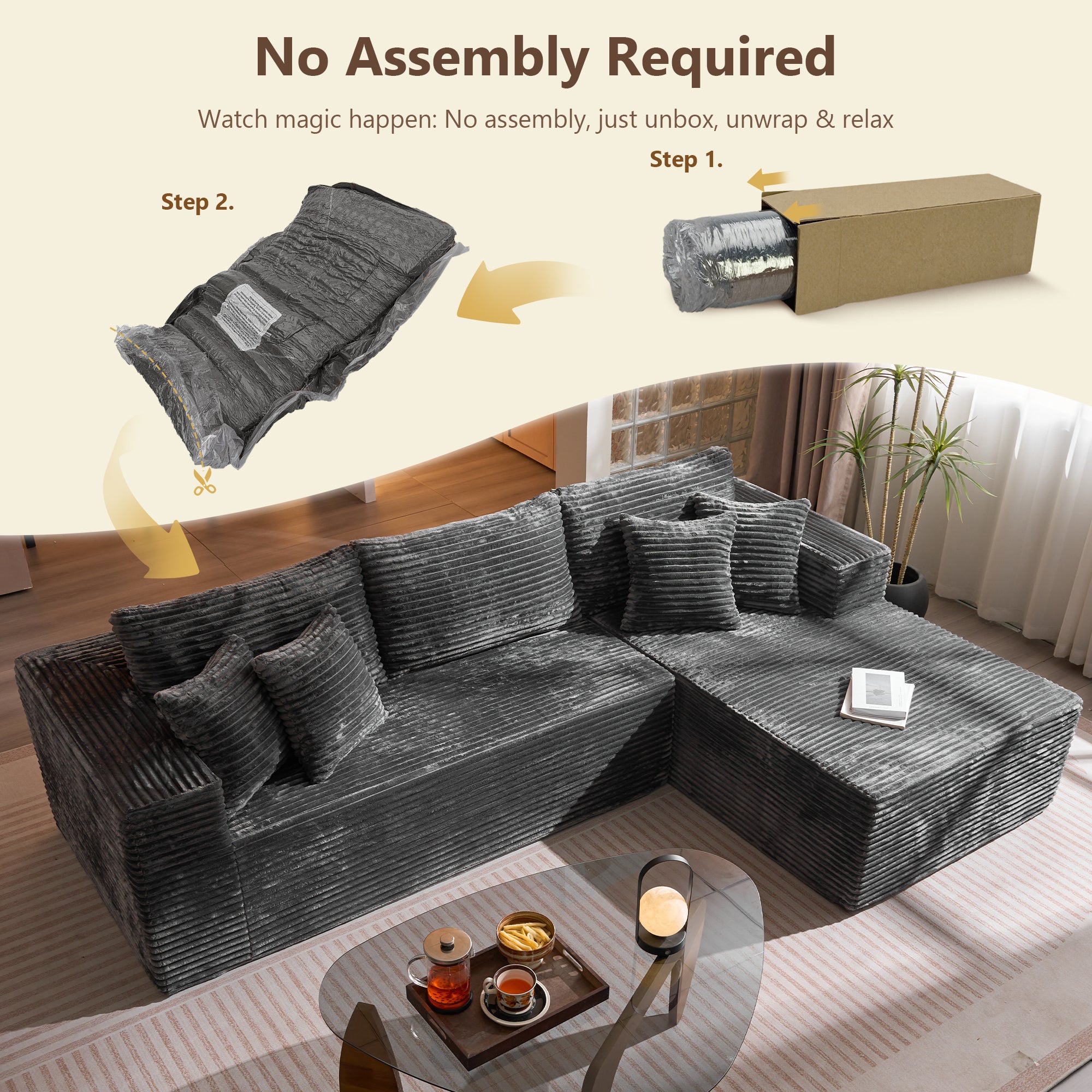 No Assembly Required  104" L-Shape Modular Couch with Chaise, Plush Corduroy Fabric, 