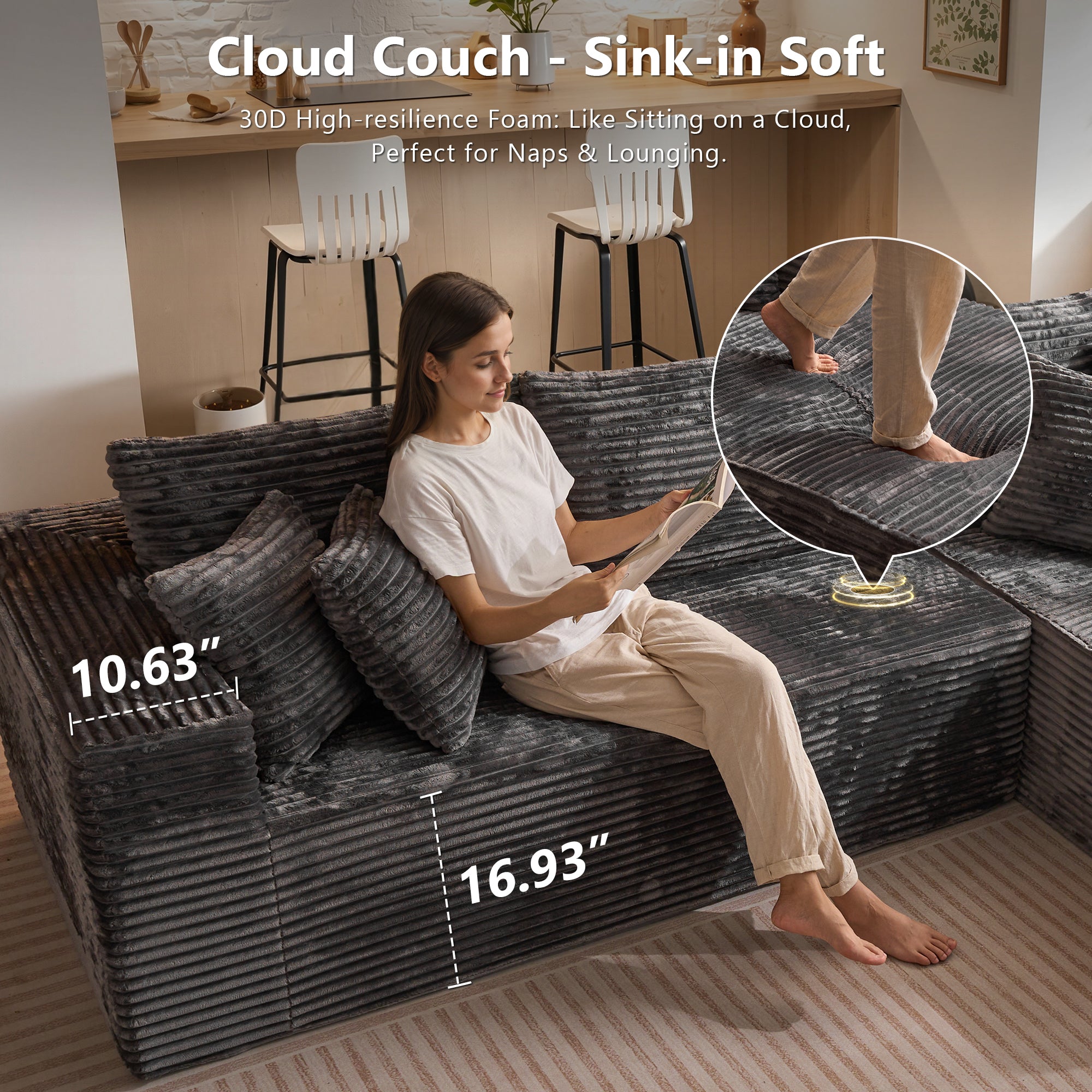 No Assembly Required  104" L-Shape Modular Couch with Chaise, Plush Corduroy Fabric, 