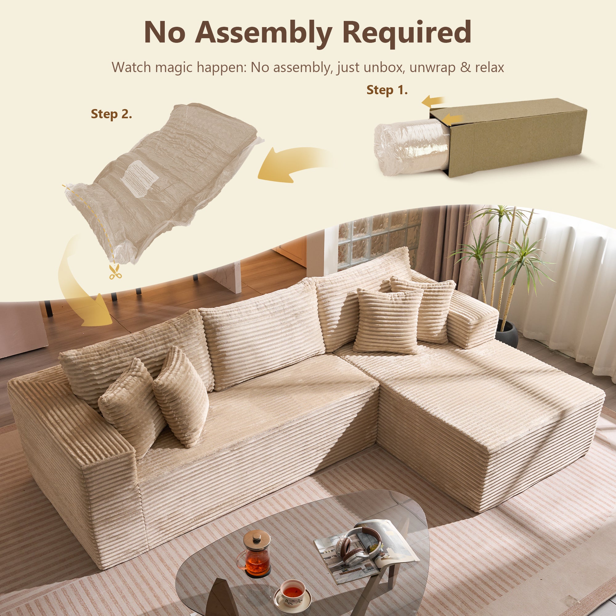 No Assembly Required  104" L-Shape Modular Couch with Chaise, Plush Corduroy Fabric, 