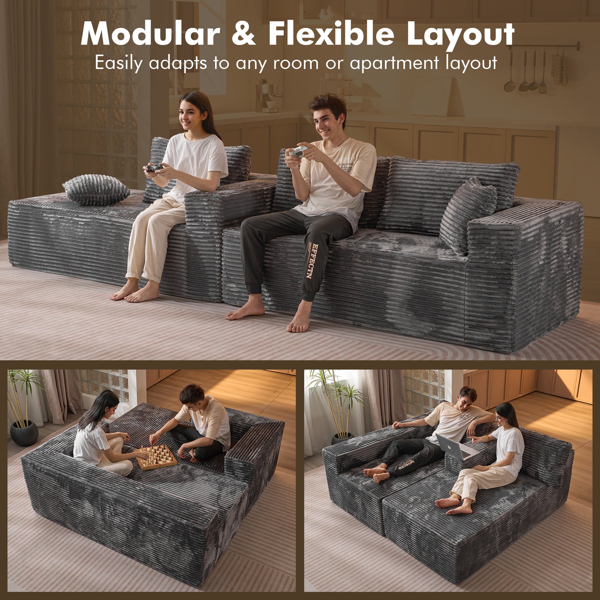 No Assembly Required  104" L-Shape Modular Couch with Chaise, Plush Corduroy Fabric, 