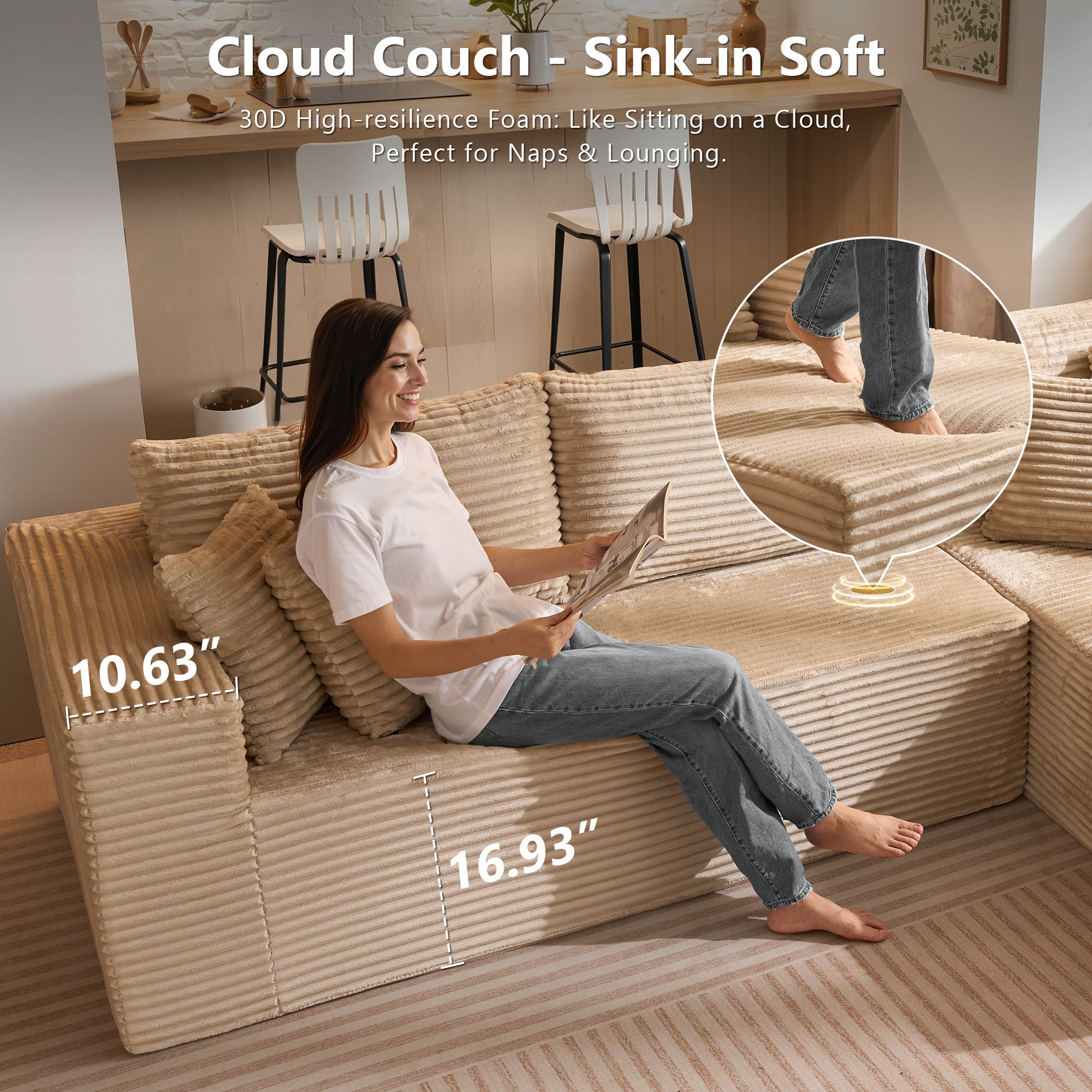 No Assembly Required  104" L-Shape Modular Couch with Chaise, Plush Corduroy Fabric, 