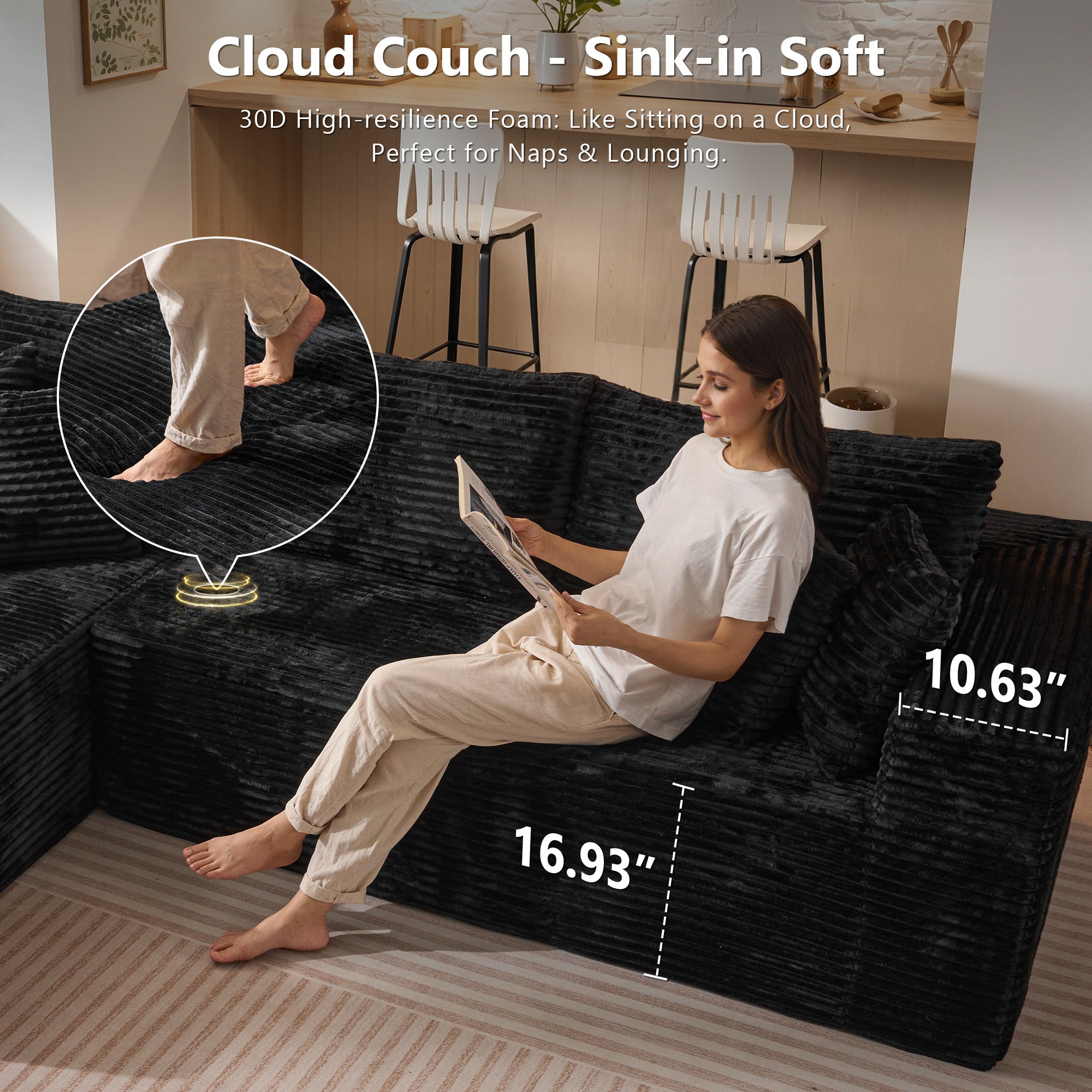 No Assembly Required  104" L-Shape Modular Couch with Chaise, Plush Corduroy Fabric, 