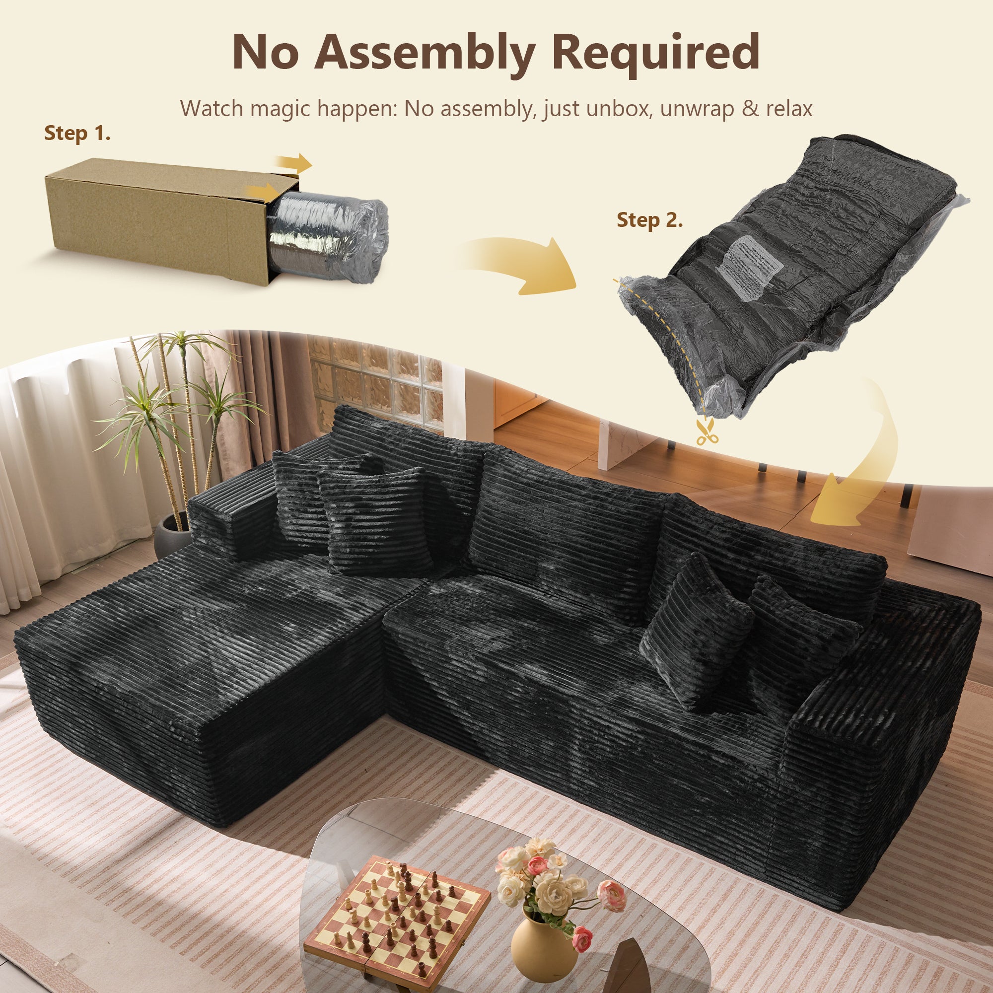 No Assembly Required  104" L-Shape Modular Couch with Chaise, Plush Corduroy Fabric, 