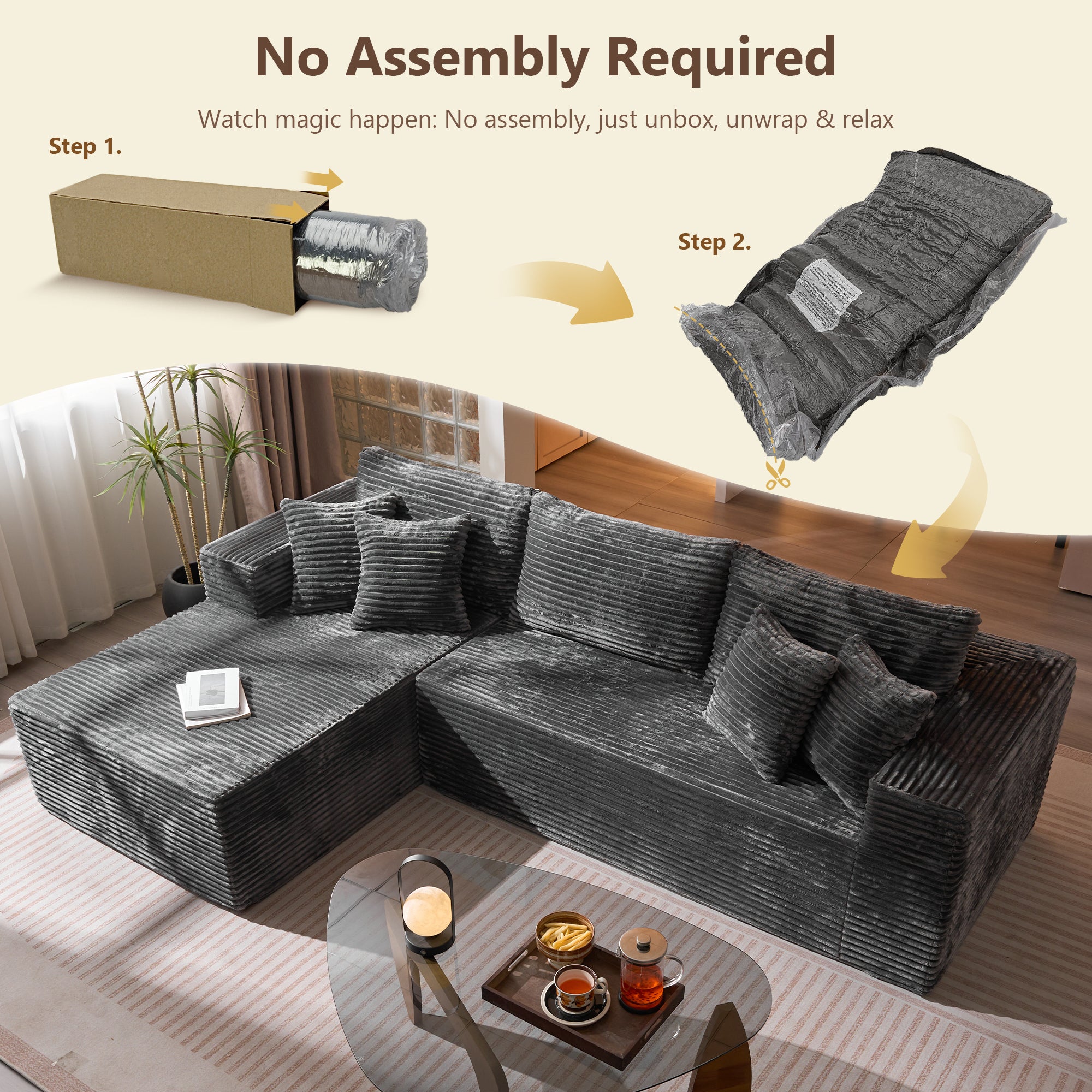 No Assembly Required  104" L-Shape Modular Couch with Chaise, Plush Corduroy Fabric, 