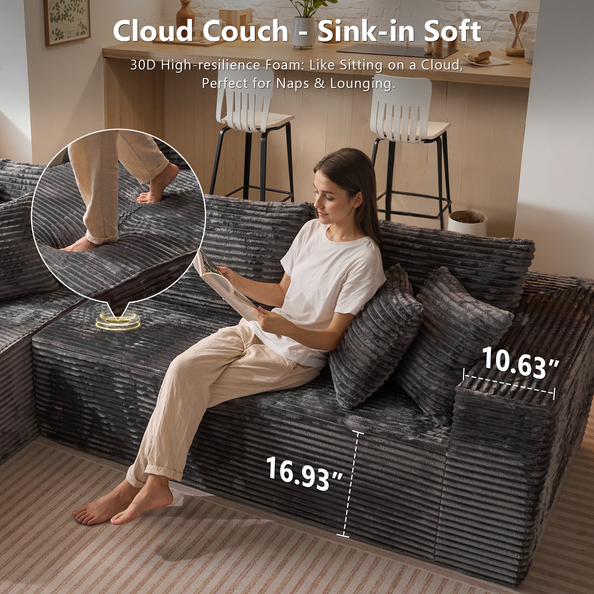 No Assembly Required  104" L-Shape Modular Couch with Chaise, Plush Corduroy Fabric, 