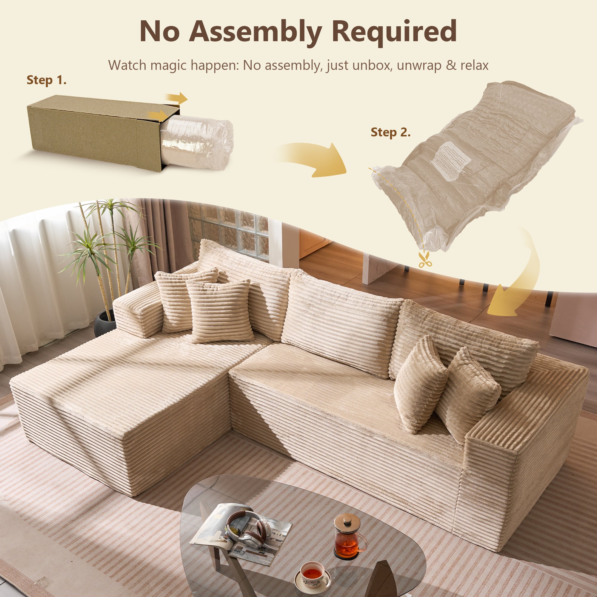 No Assembly Required  104" L-Shape Modular Couch with Chaise, Plush Corduroy Fabric, 