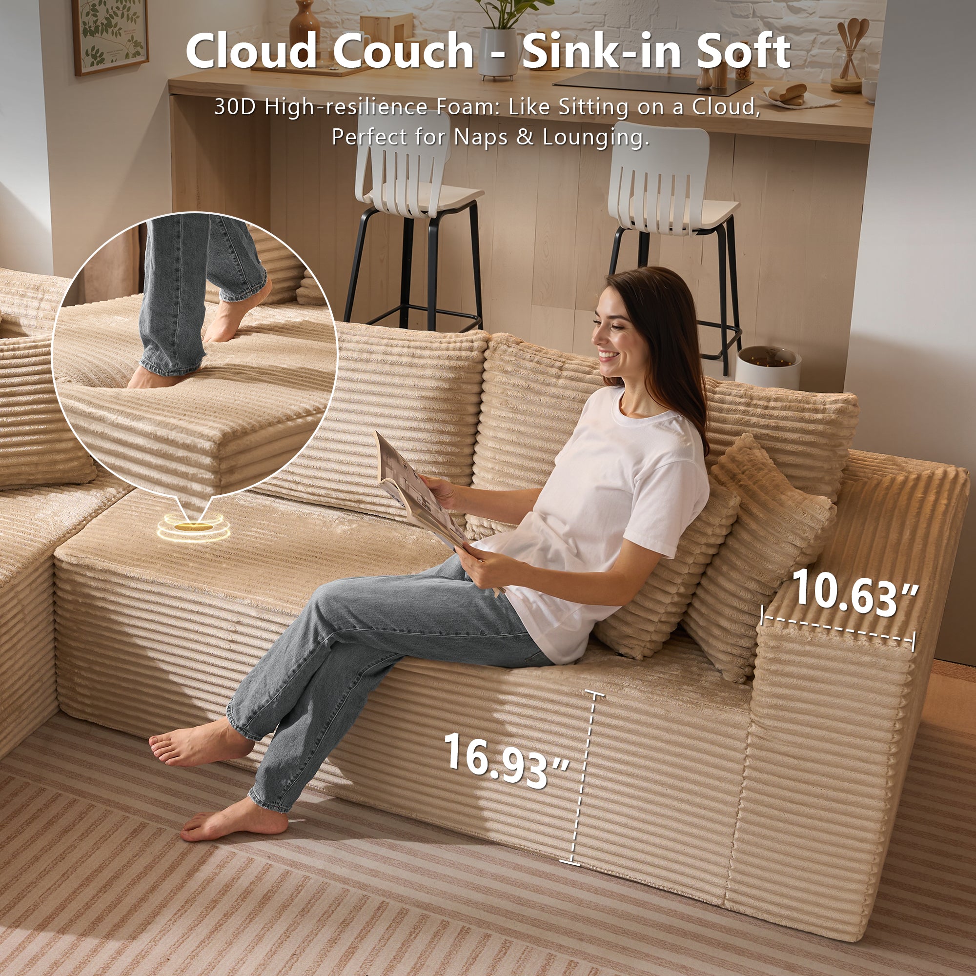 No Assembly Required  104" L-Shape Modular Couch with Chaise, Plush Corduroy Fabric, 