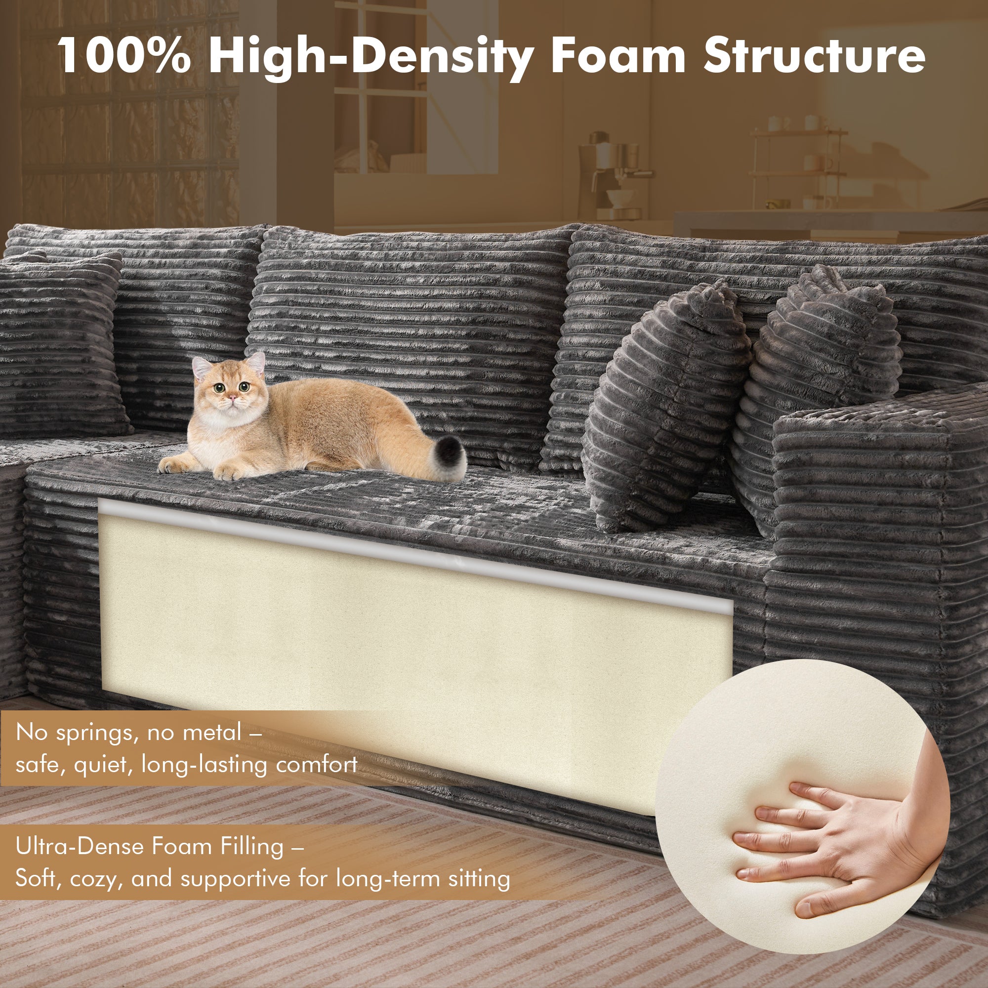 No Assembly Required  104" L-Shape Modular Couch with Chaise, Plush Corduroy Fabric, 