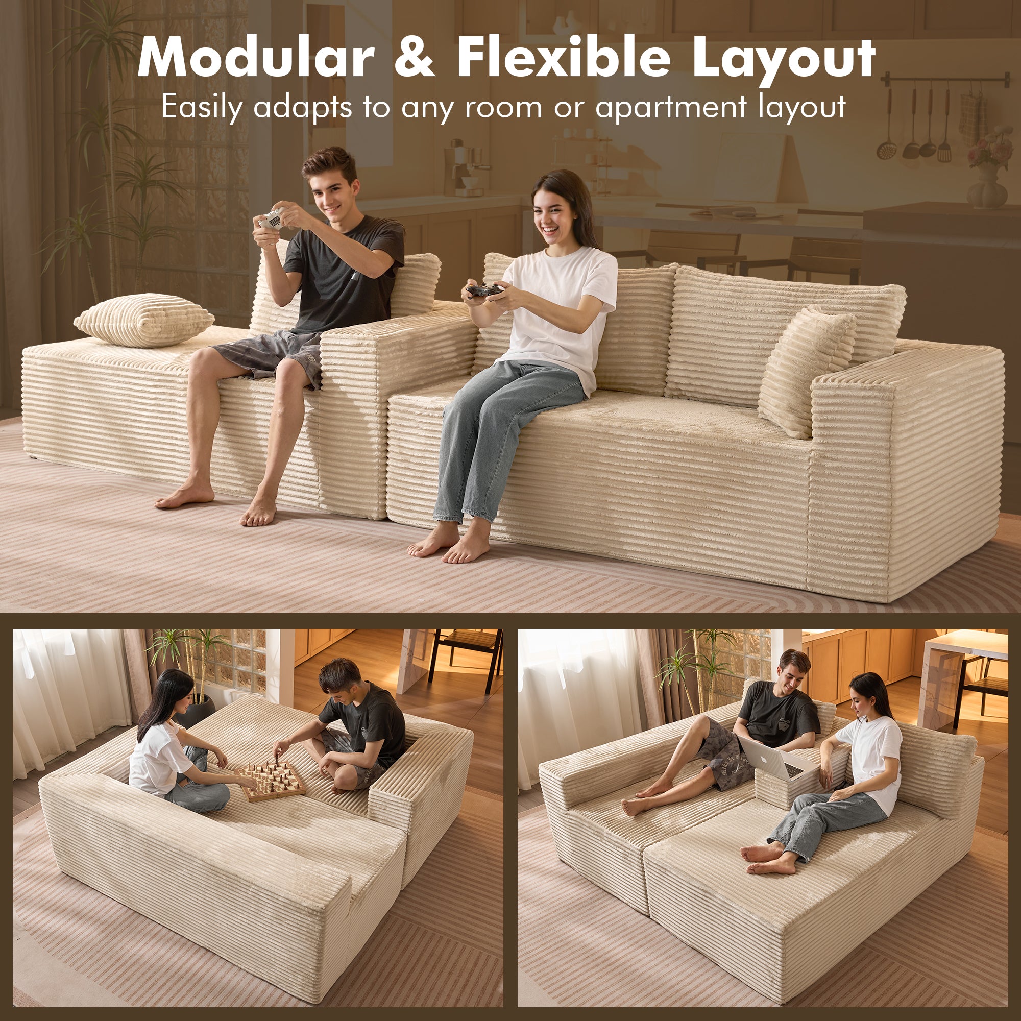 No Assembly Required  104" L-Shape Modular Couch with Chaise, Plush Corduroy Fabric, 