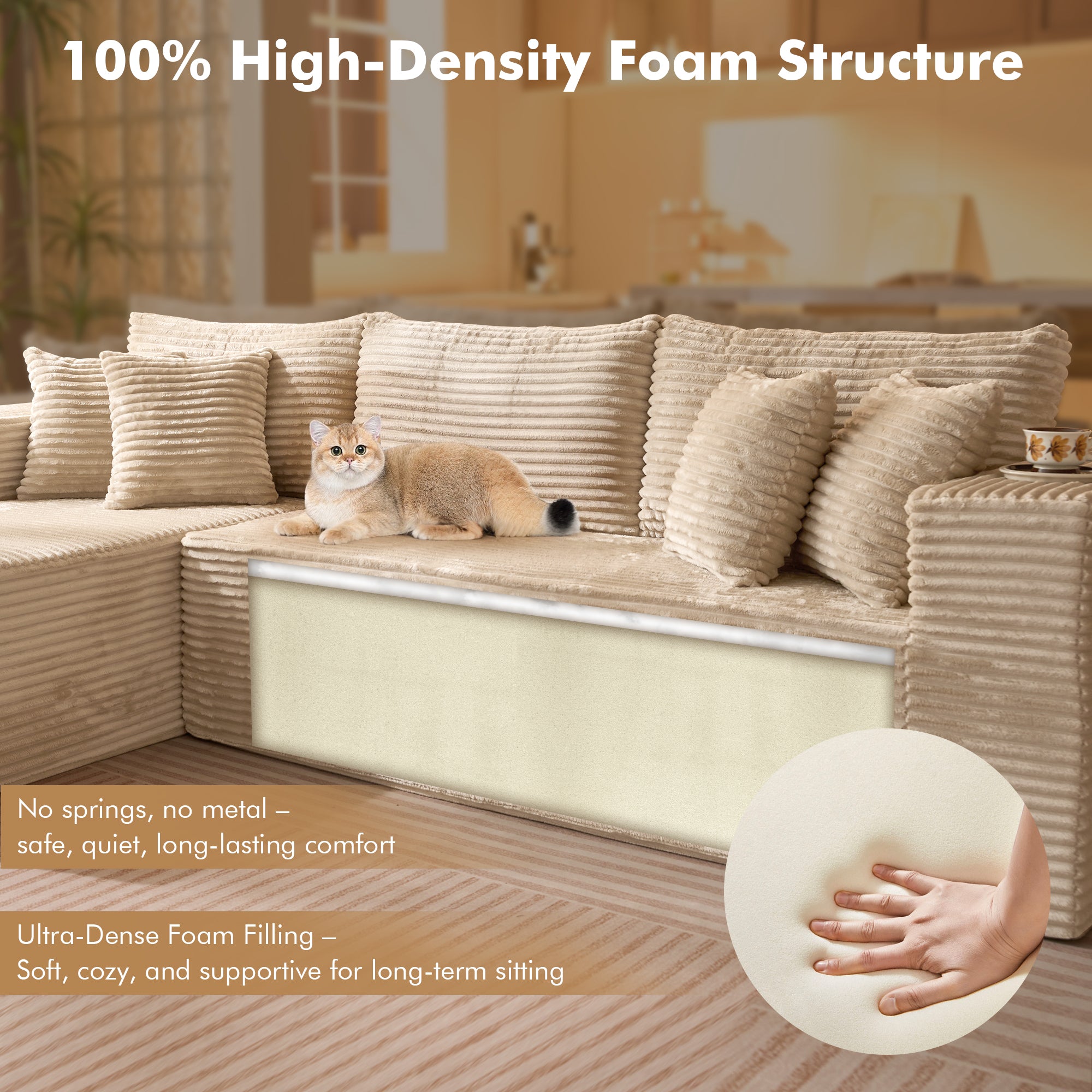 No Assembly Required  104" L-Shape Modular Couch with Chaise, Plush Corduroy Fabric, 
