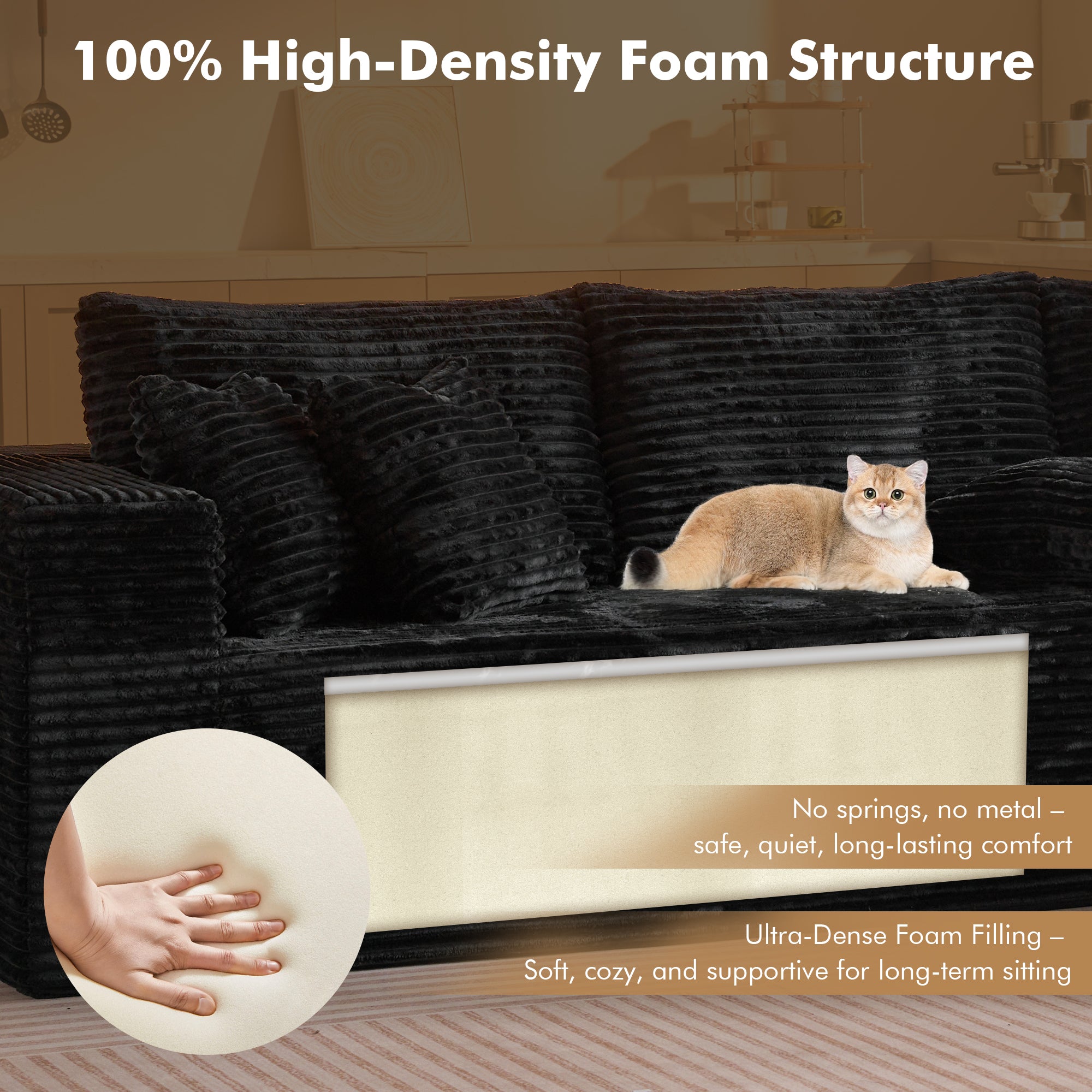 No Assembly Required  104" L-Shape Modular Couch with Chaise, Plush Corduroy Fabric, 