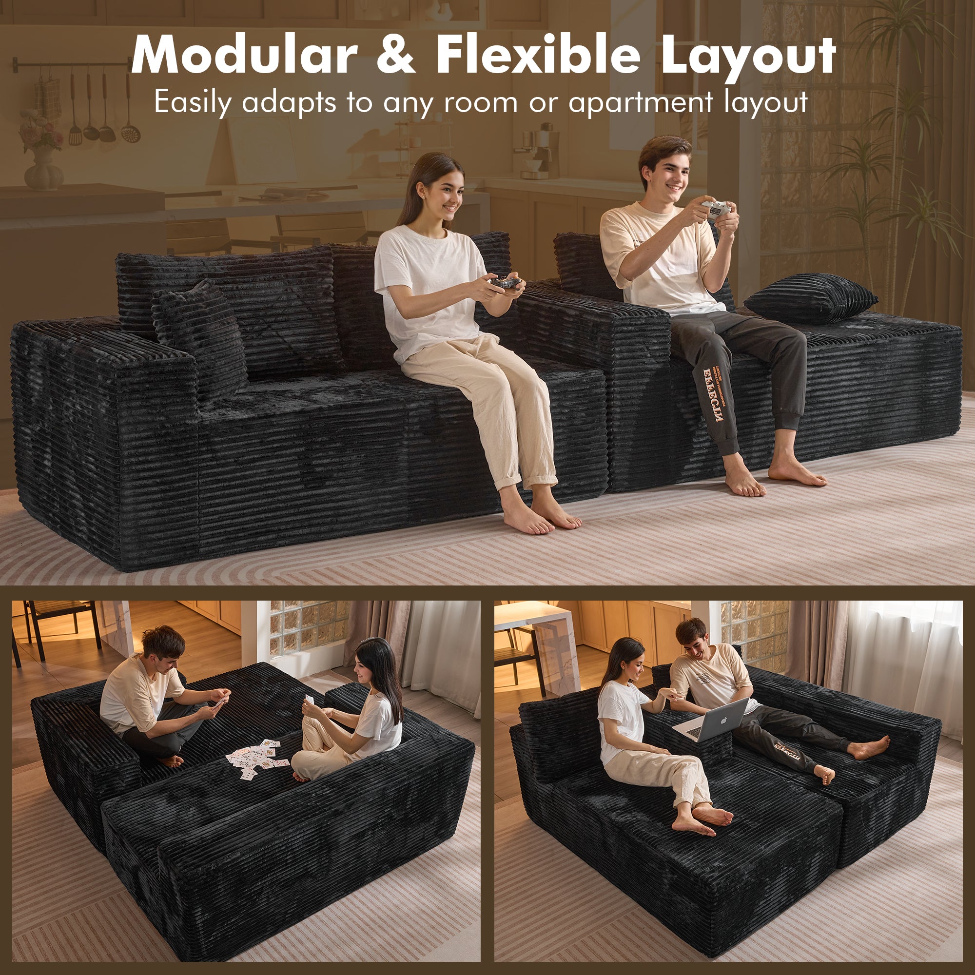 No Assembly Required  104" L-Shape Modular Couch with Chaise, Plush Corduroy Fabric, 