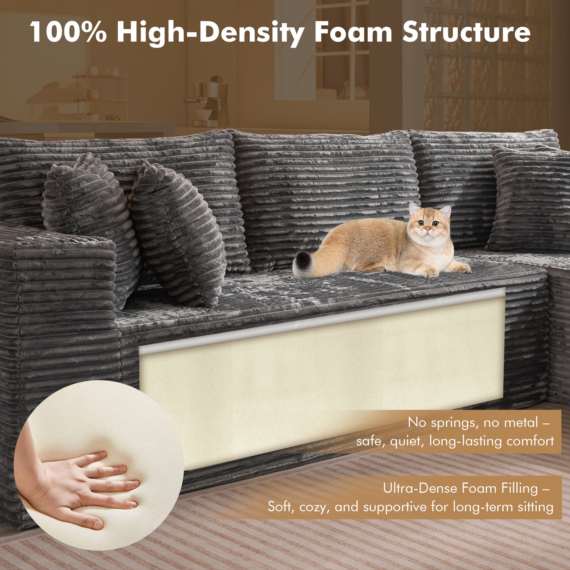 No Assembly Required  104" L-Shape Modular Couch with Chaise, Plush Corduroy Fabric, 