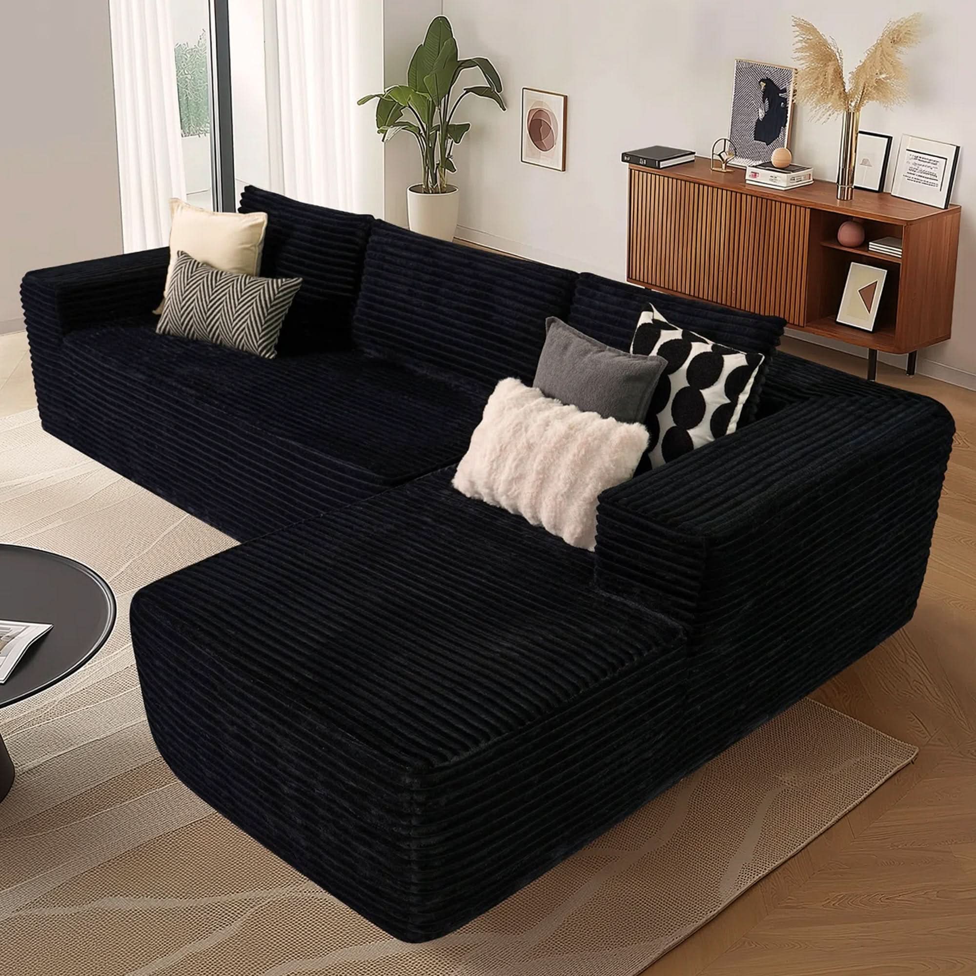 No Assembly Required  104" L-Shape Modular Couch with Chaise, Plush Corduroy Fabric, 