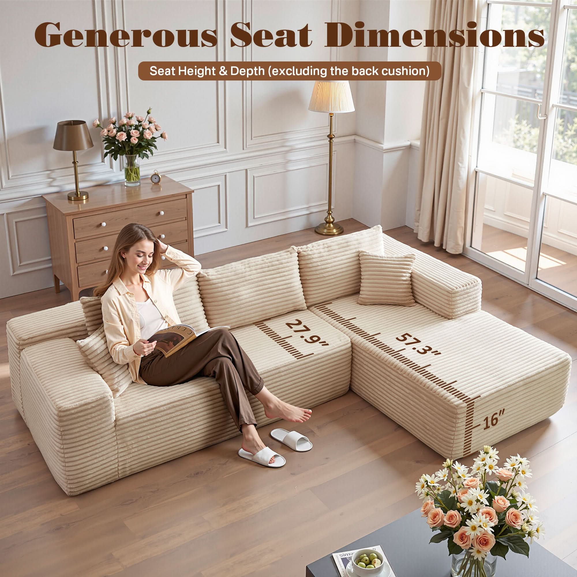 No Assembly Required  104" L-Shape Modular Couch with Chaise, Plush Corduroy Fabric, 