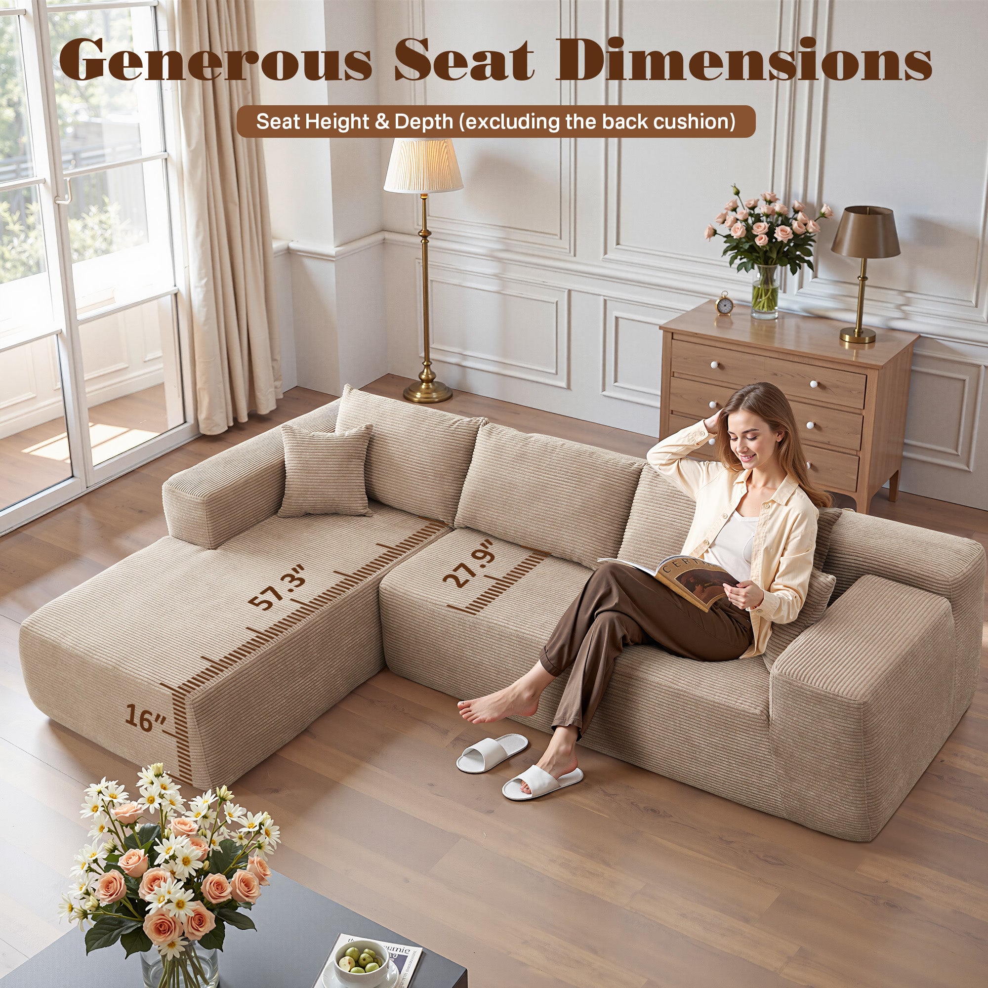 No Assembly Required  104" L-Shape Modular Couch with Chaise, Plush Corduroy Fabric, 