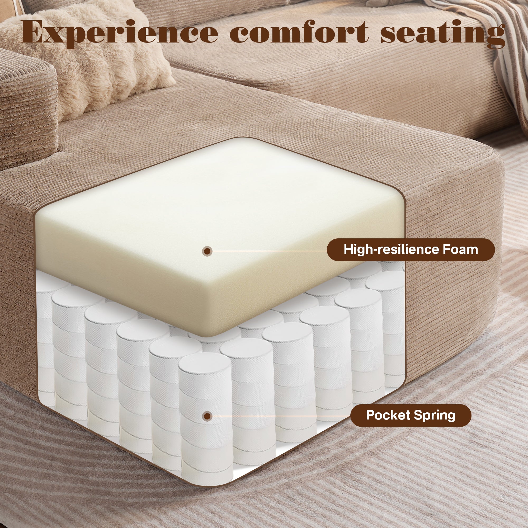 No Assembly Required  104" L-Shape Modular Couch with Chaise, Plush Corduroy Fabric, 