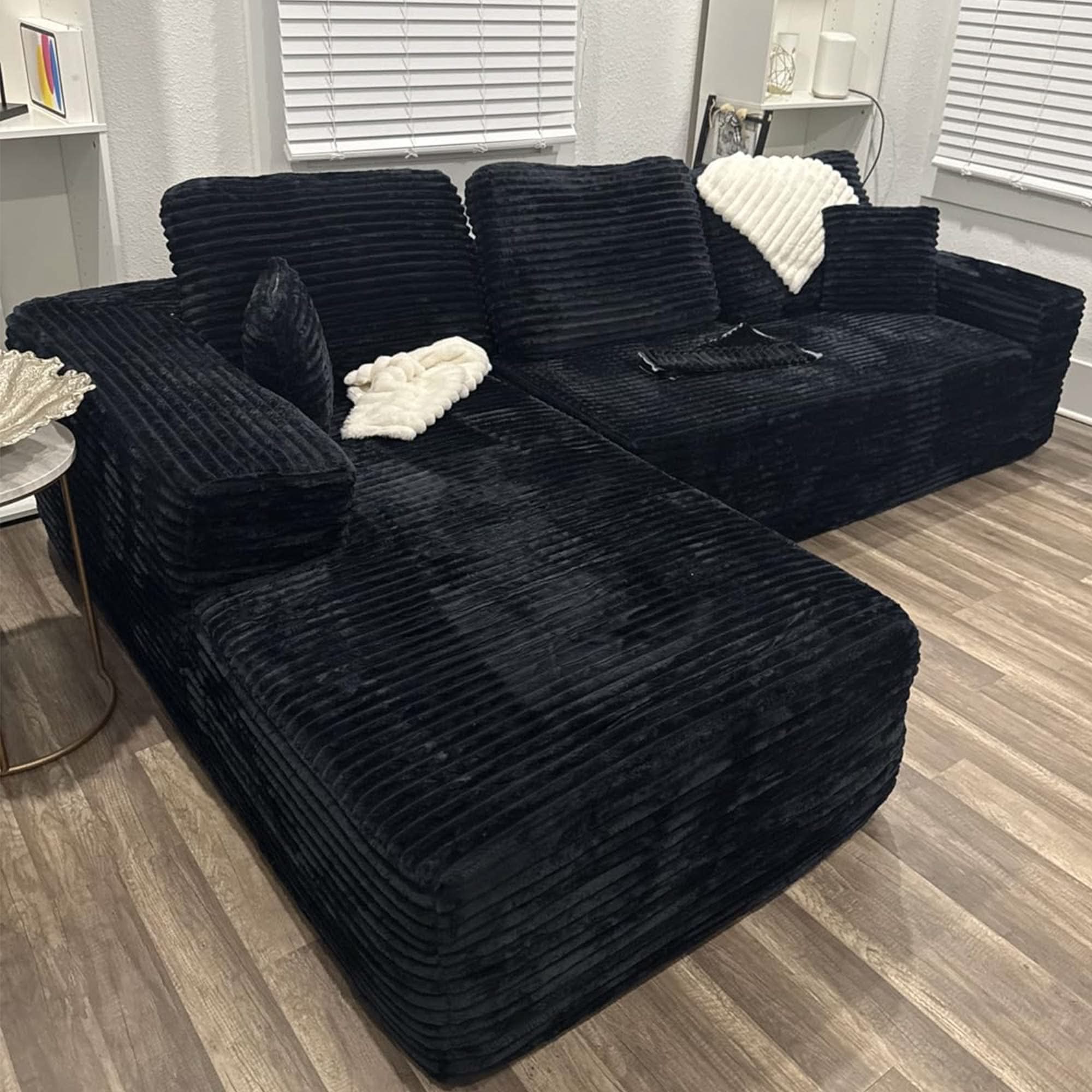 No Assembly Required  104" L-Shape Modular Couch with Chaise, Plush Corduroy Fabric, 