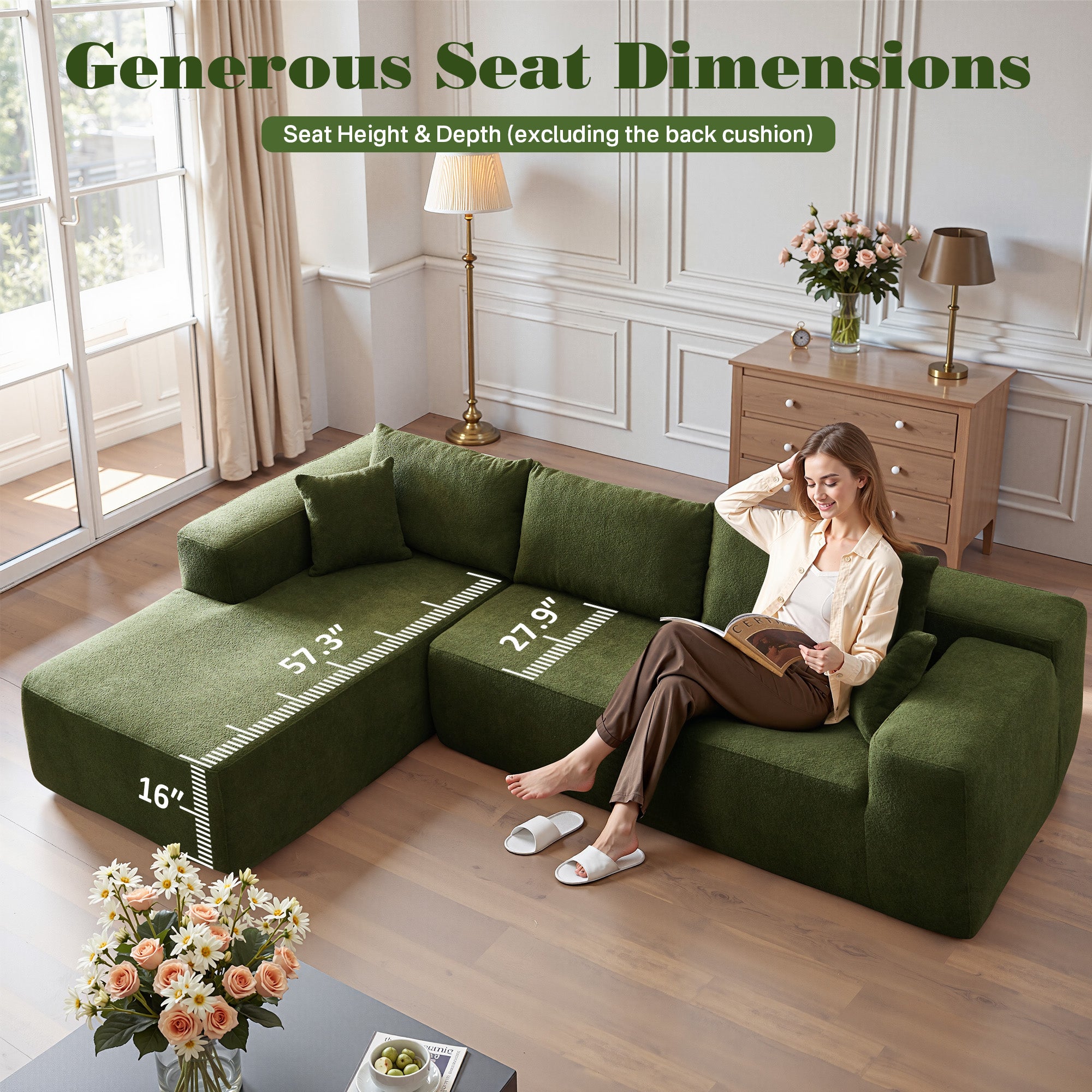 No Assembly Required  104" L-Shape Modular Couch with Chaise, Plush Corduroy Fabric, 
