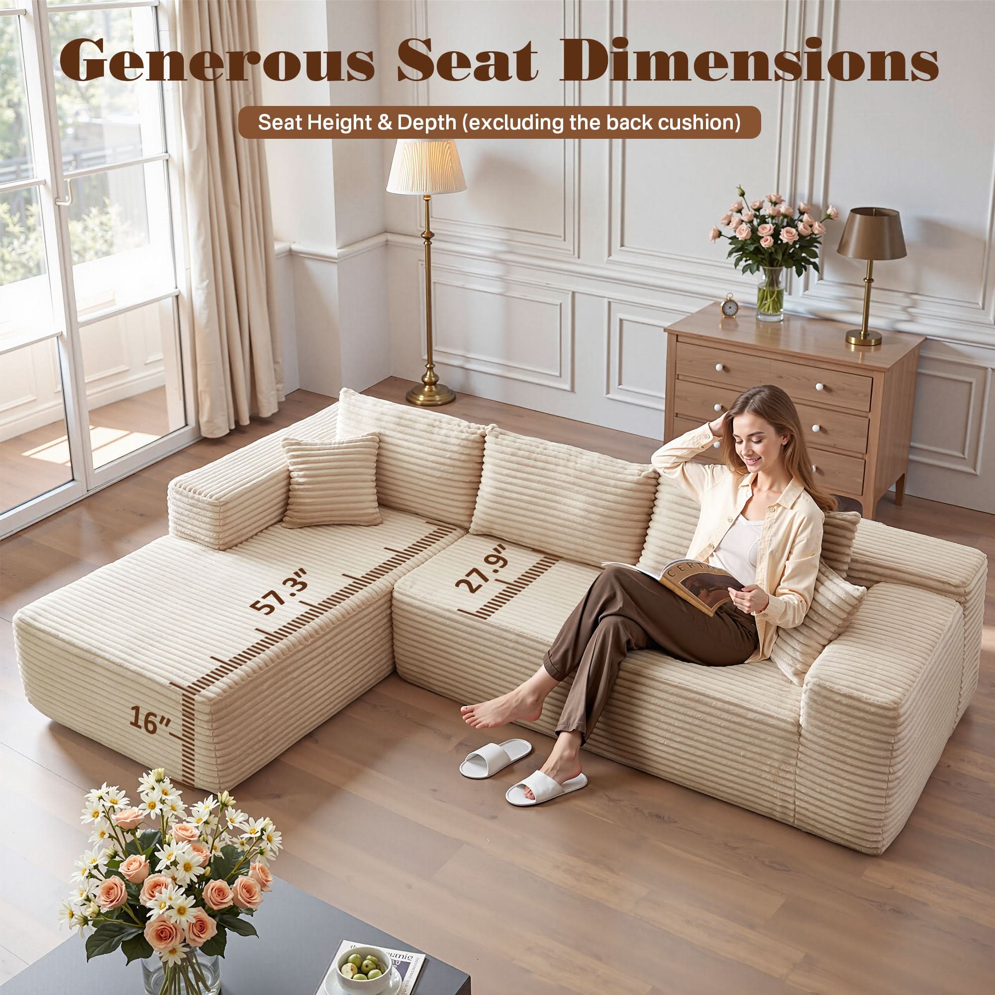 No Assembly Required  104" L-Shape Modular Couch with Chaise, Plush Corduroy Fabric, 