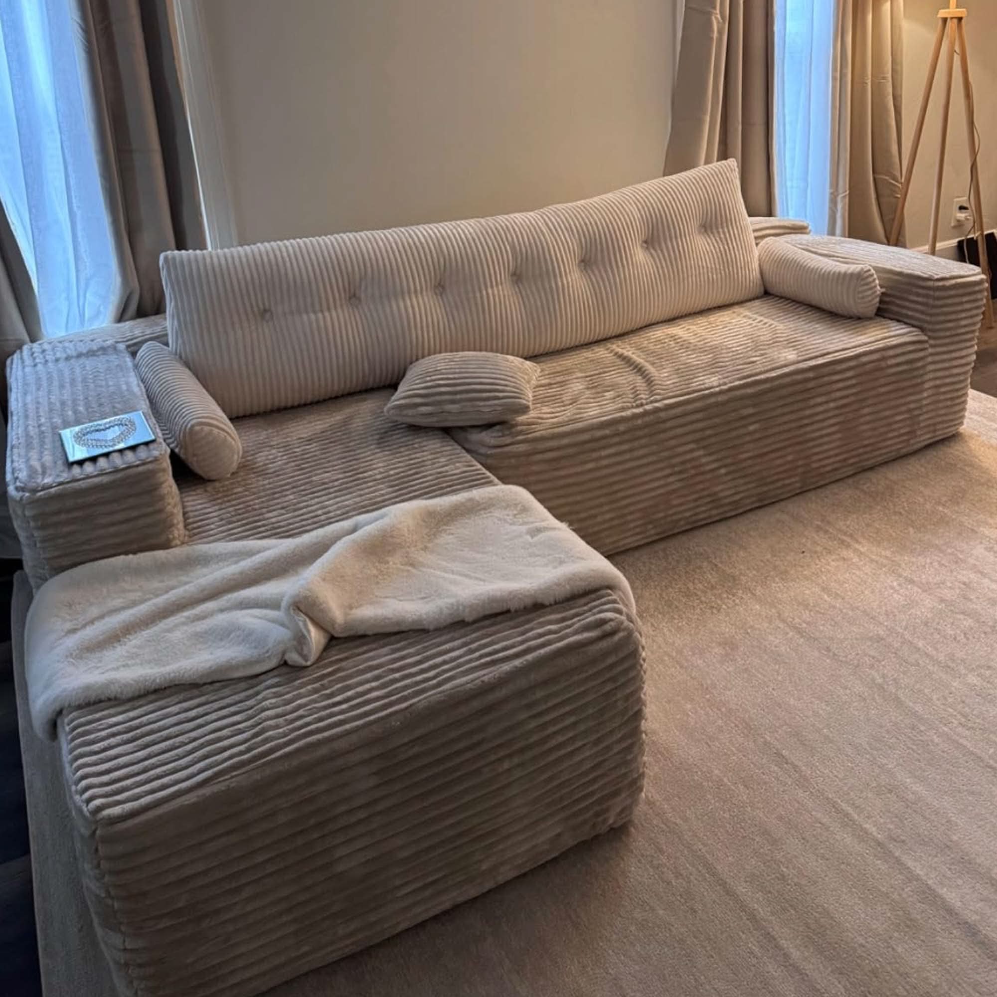 No Assembly Required  104" L-Shape Modular Couch with Chaise, Plush Corduroy Fabric, 