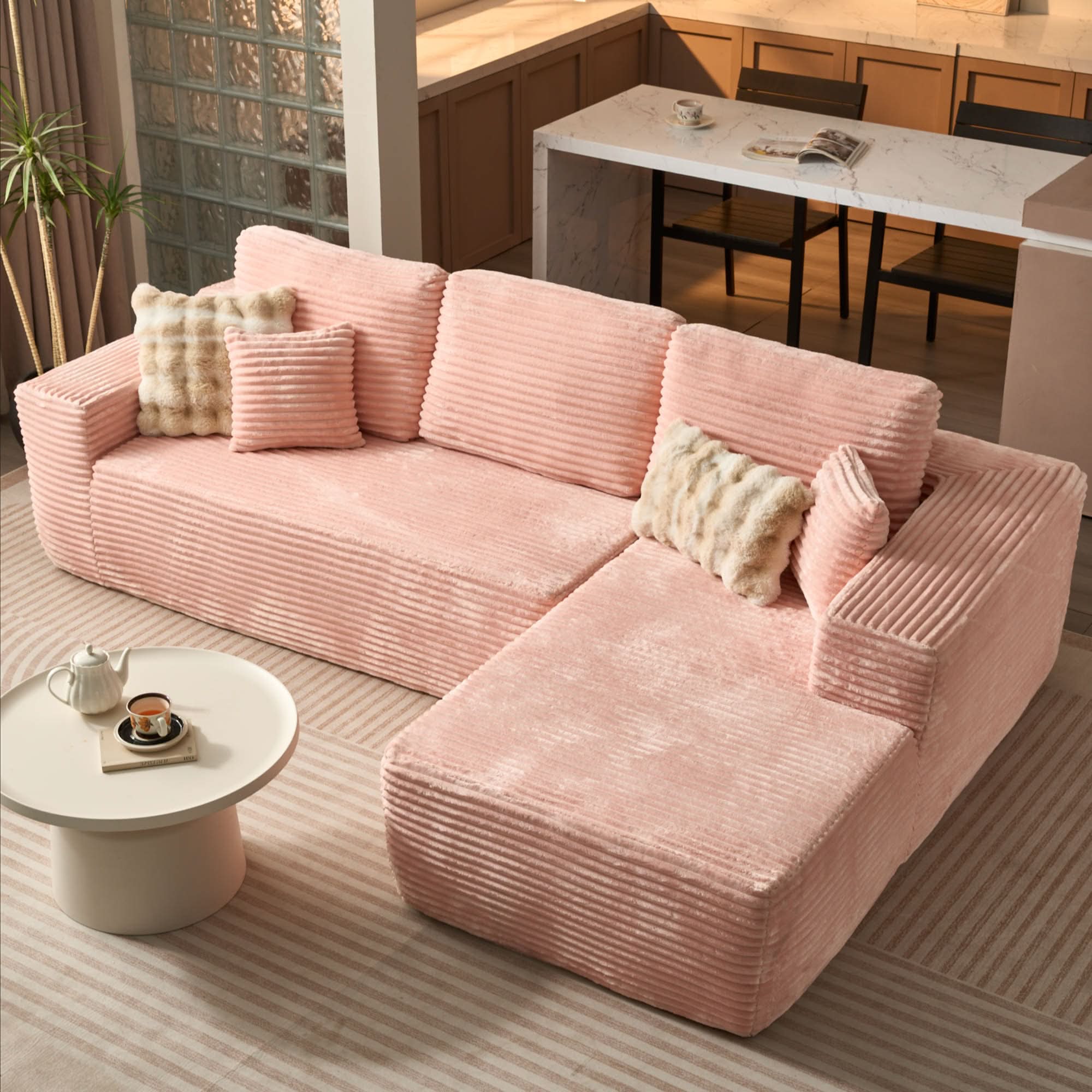 No Assembly Required  104" L-Shape Modular Couch with Chaise, Plush Corduroy Fabric, 